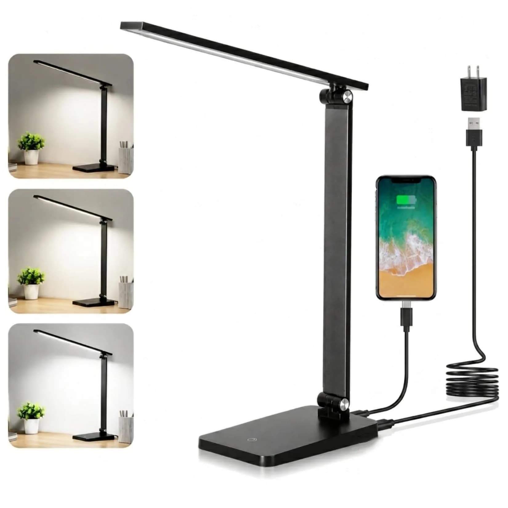 Best World LED Black Desk Lamp with USB Charging Port | 8W 5000K Cool White Light - main product image