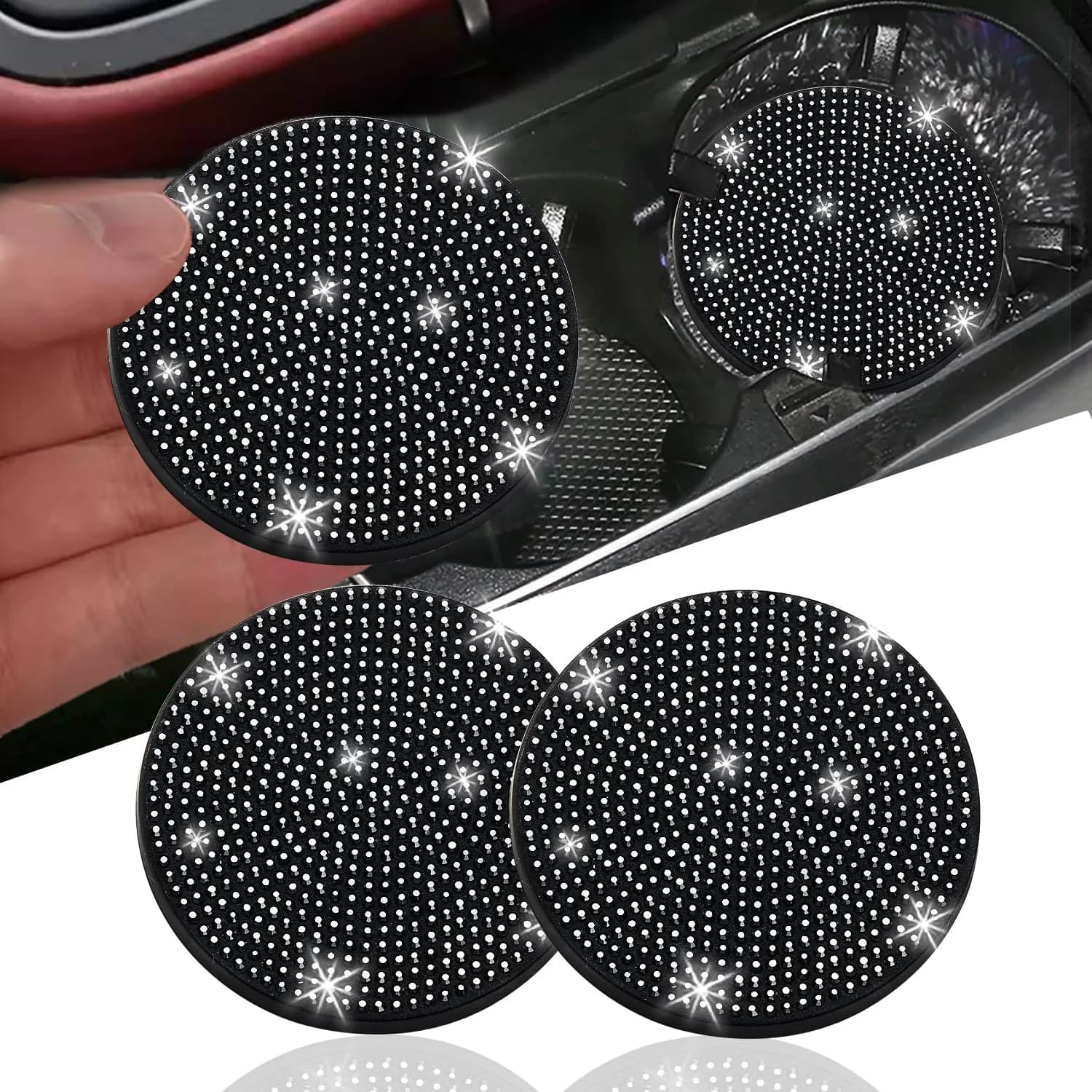 NBTEPEM Bling Car Cup Holder Coasters 2 pcs Black | Sparkle & Protect Your Car Interior - main product image