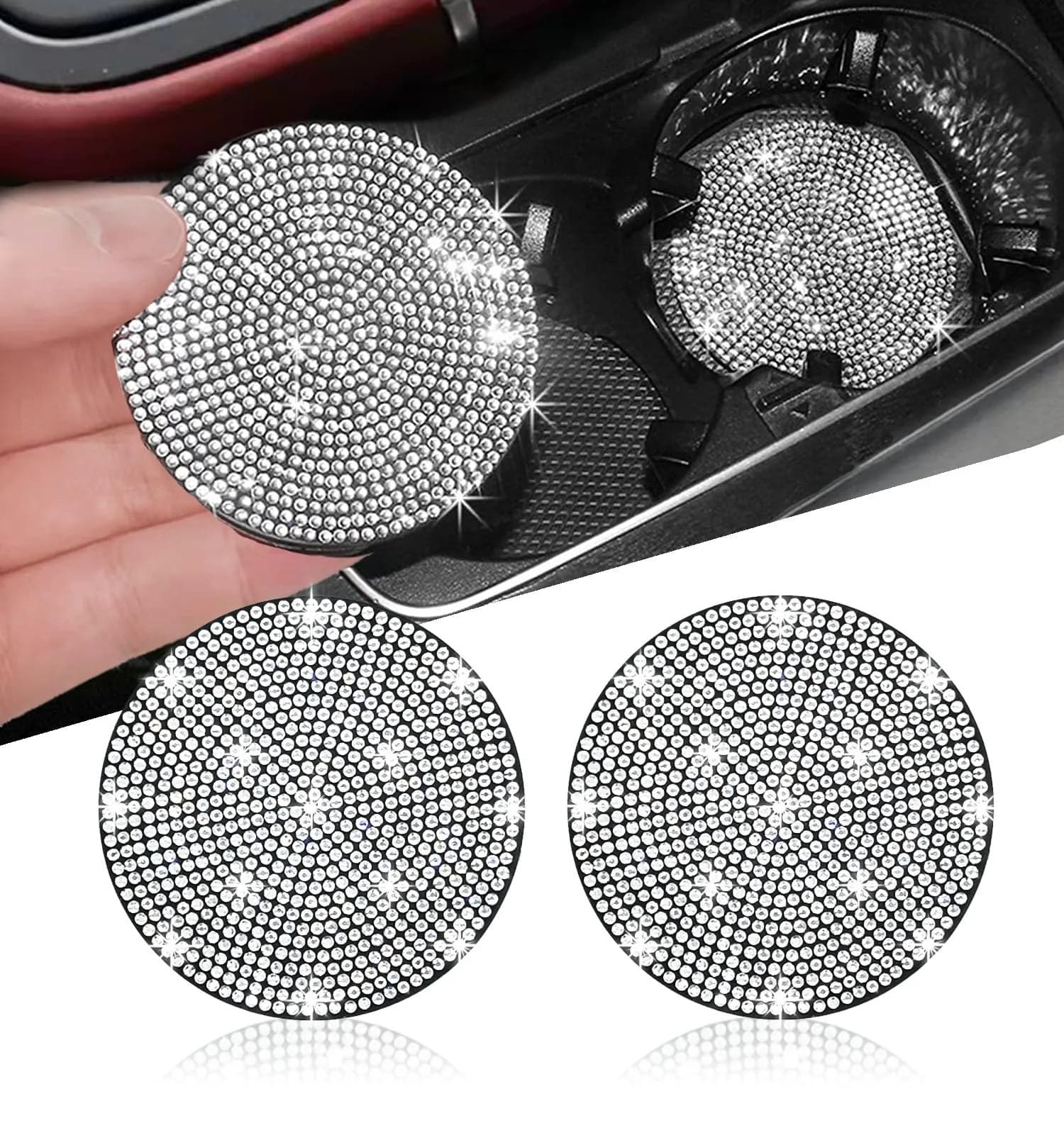 NBTEPEM Bling Car Cup Holder Coasters 2.75 inch (7 cm) - Set of 2 White Crystal | Universal Fit Automotive Interior Accessories - main product image