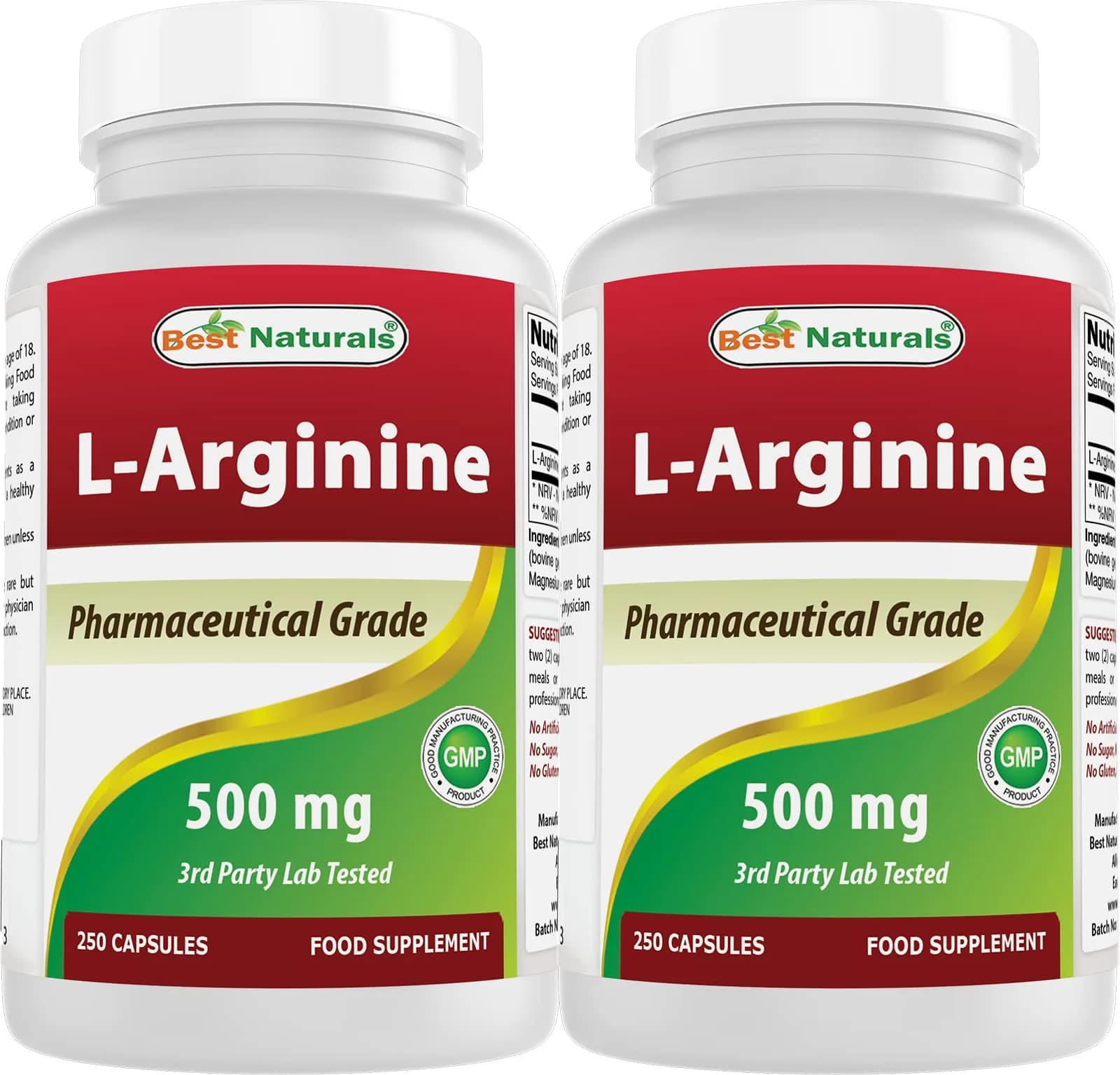 Best Naturals L-Arginine 500mg 250 Capsules | 2-Pack, Unflavoured, USA Import