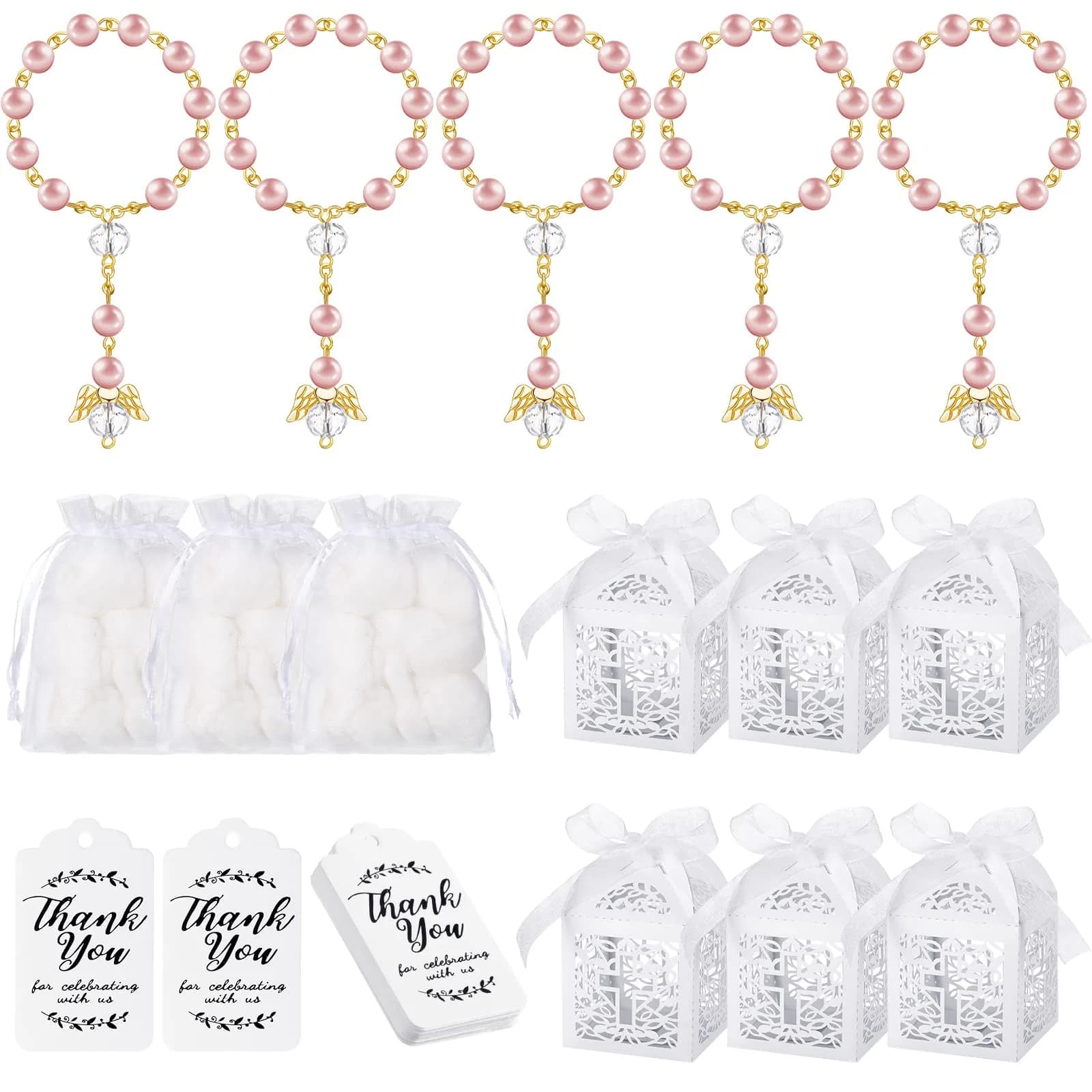 MTLEE 100 Pcs Baptism Rosary Set with Gift Boxes, Organza Bags & Thank You Cards | Gold
