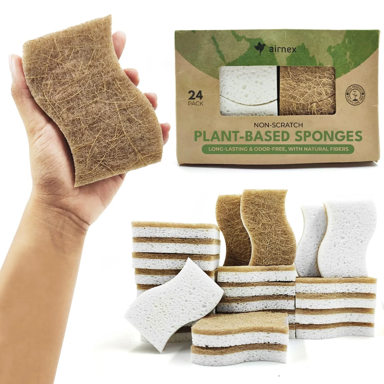 AIRNEX Natural Kitchen Sponges 24 Pack | Biodegradable Cellulose & Coconut Scrubber Utility Sponge - main product image