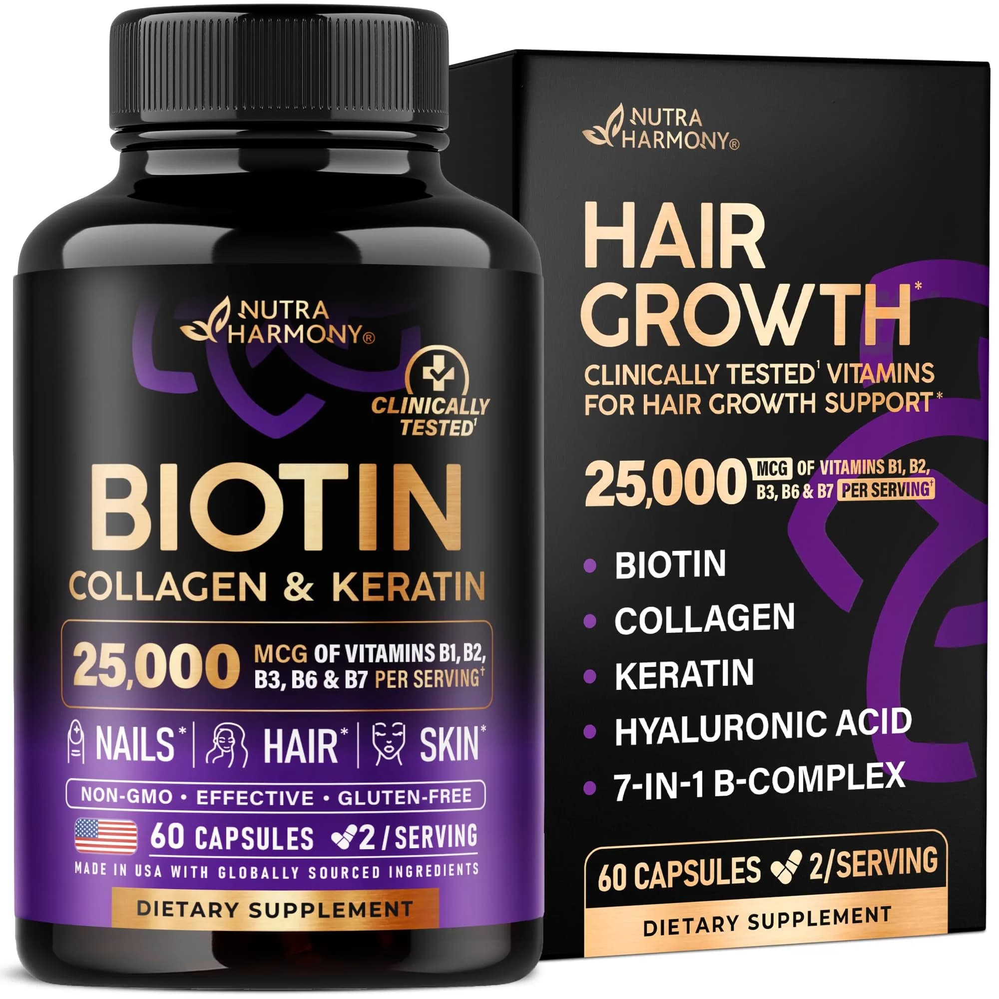 NUTRAHARMONY Biotin Collagen Keratin Hyaluronic Acid Vitamins B1 B2 B3 B6 B7 25000mcg Hair Skin Nails Supplement 60 Caps - main product image
