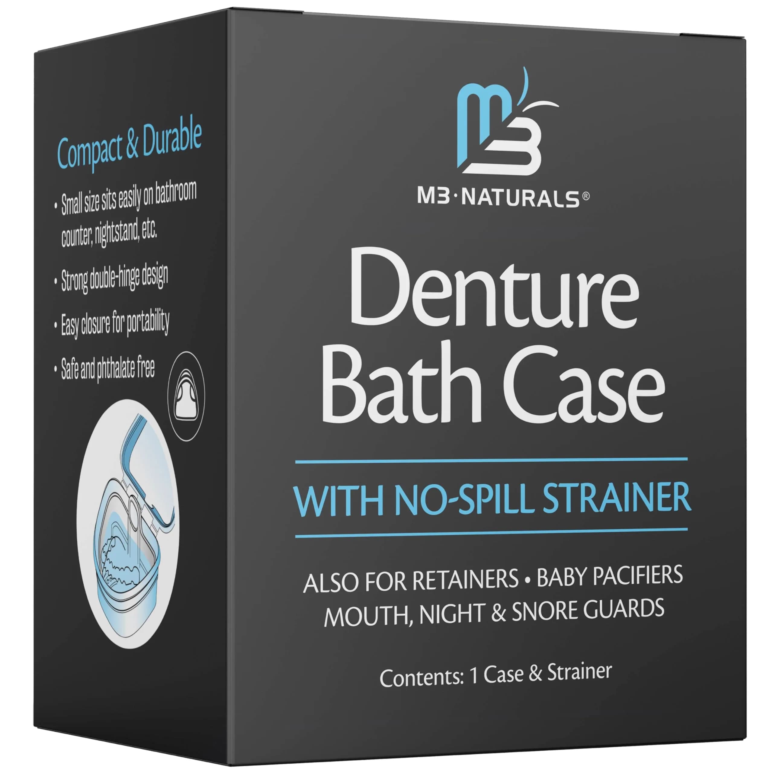 M3 Naturals Denture Bath Case and Retainer Case with Strainer, Blue, Portable Spill-Free for Invisalign, Mouthguards, Dentures (1 Count) - main product image
