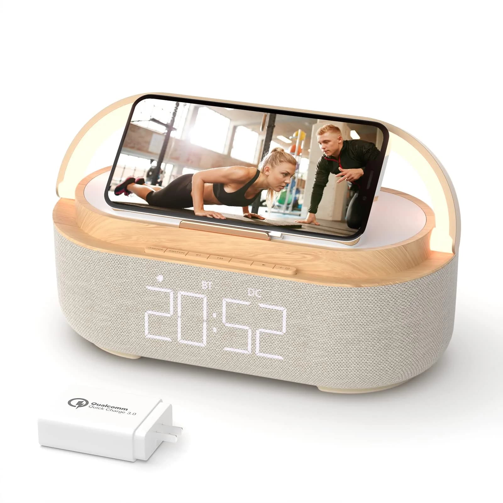 COLSUR Bluetooth Speaker Alarm Clock & Wireless Charger, Beige | 15W Fast Charging, FM Radio, 2500mAh Battery Backup - main product image