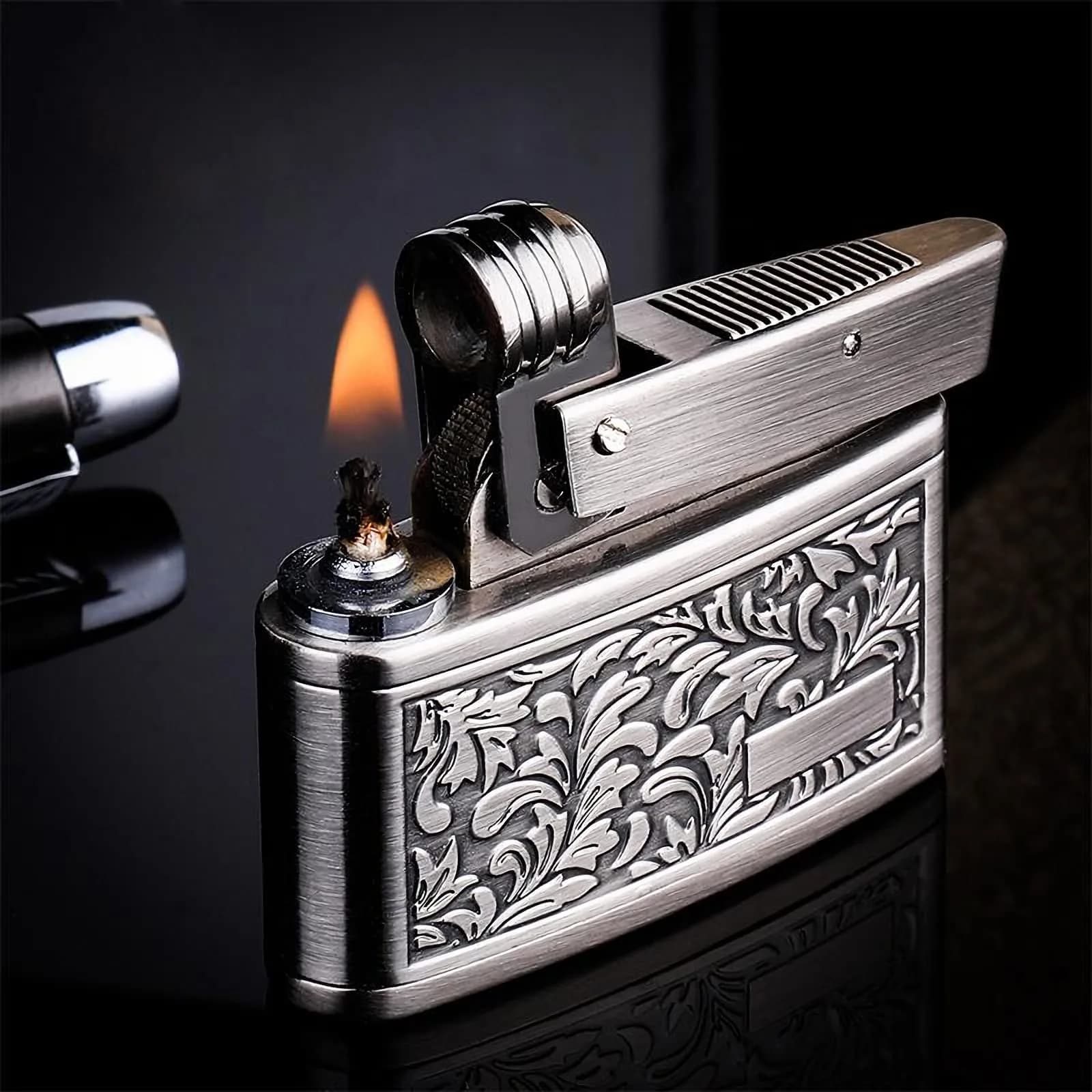 YANCONG Vintage Kerosene Lighter Retro Embossed Antique Style Petrol Lighter for Men (Silver) | Copper, Kerosene, 52*40*15mm - main product image