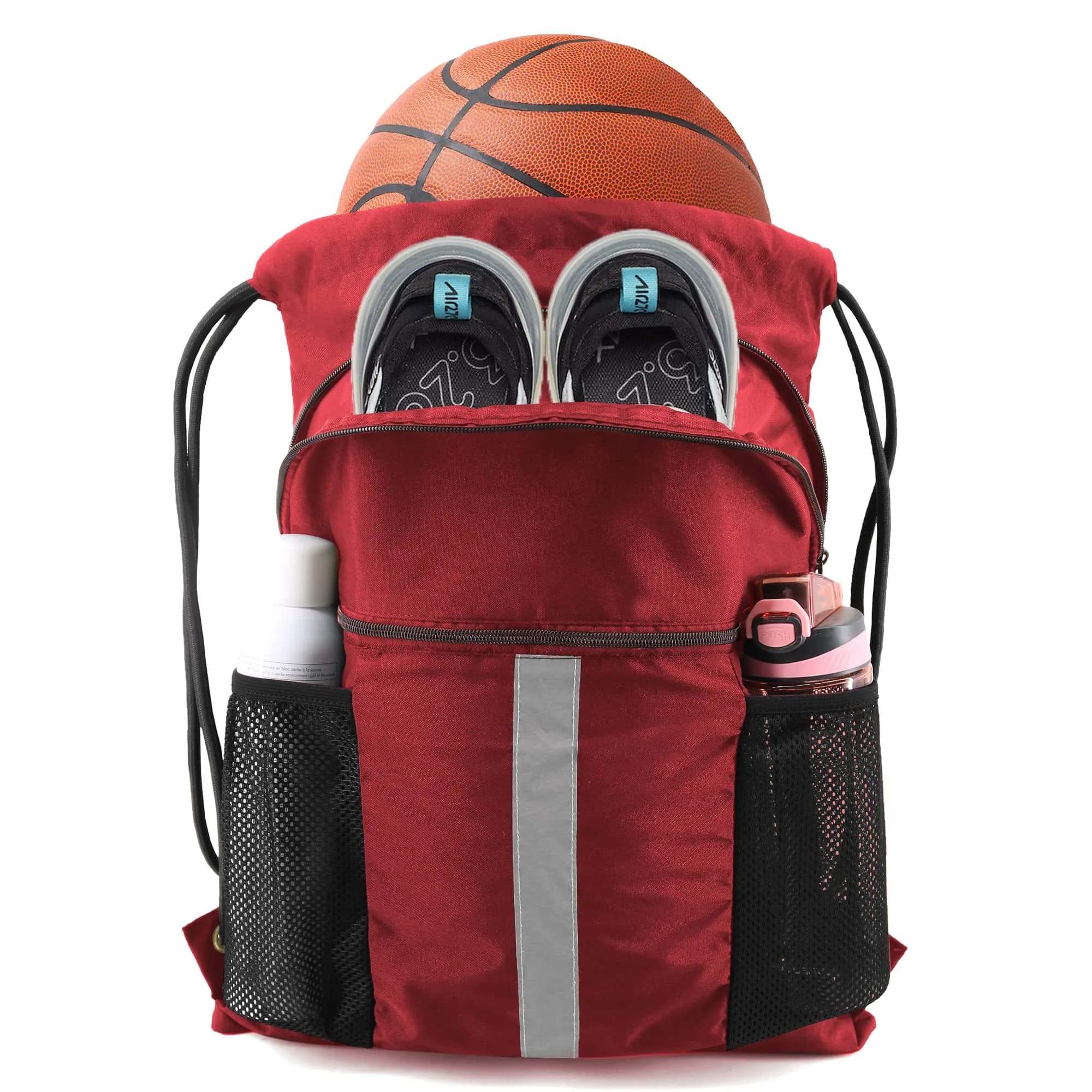BeeGreen Red Drawstring Backpack Bag with Shoe Compartment & Water Bottle Pockets 3800 cu in (108 L) | Large Gym Sackpack for Travel - main product image