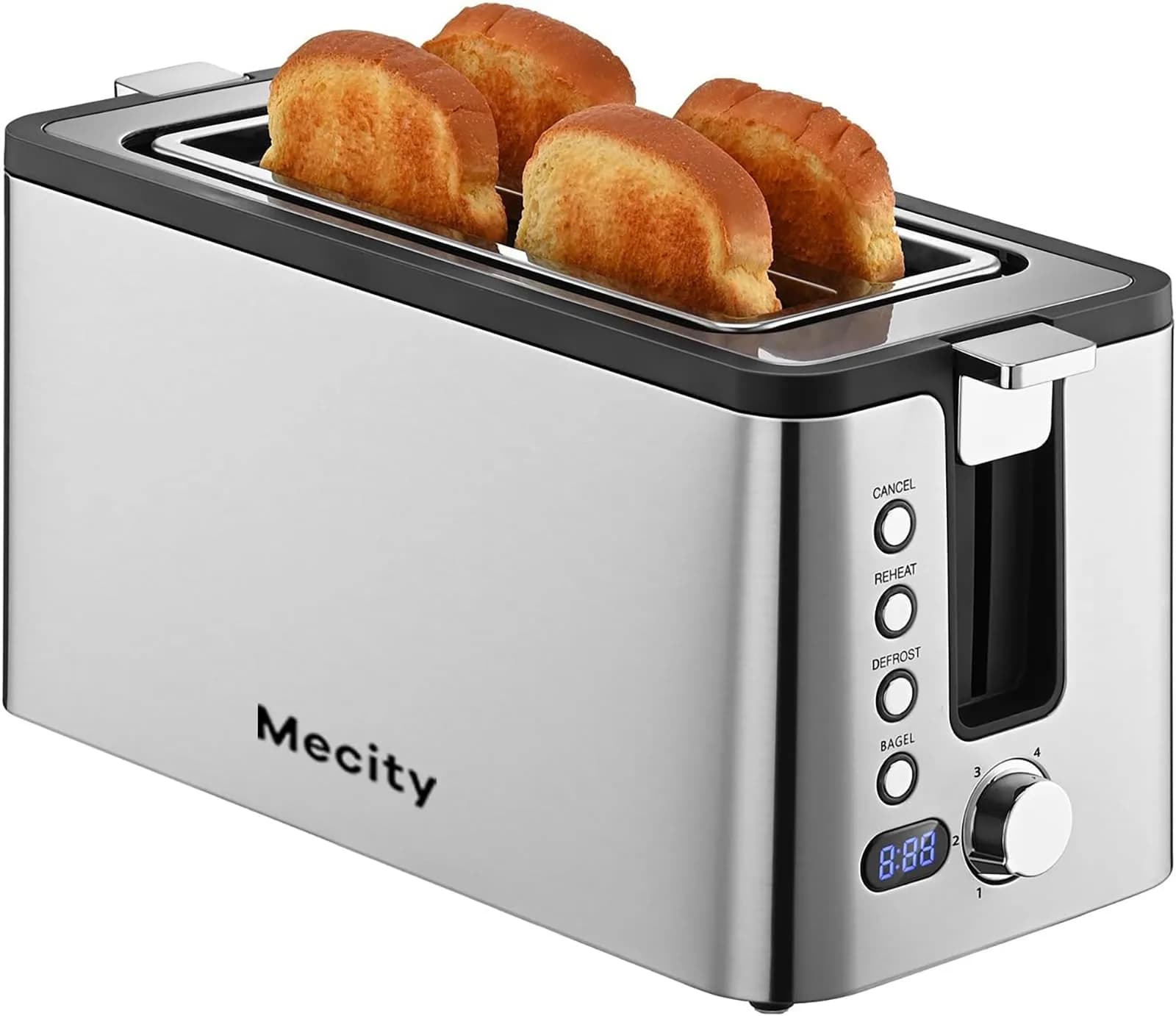 Mecity 4 Slice Toaster, Long Slot With Timer, Wide Slots, Stainless Steel, 1300W - main product image