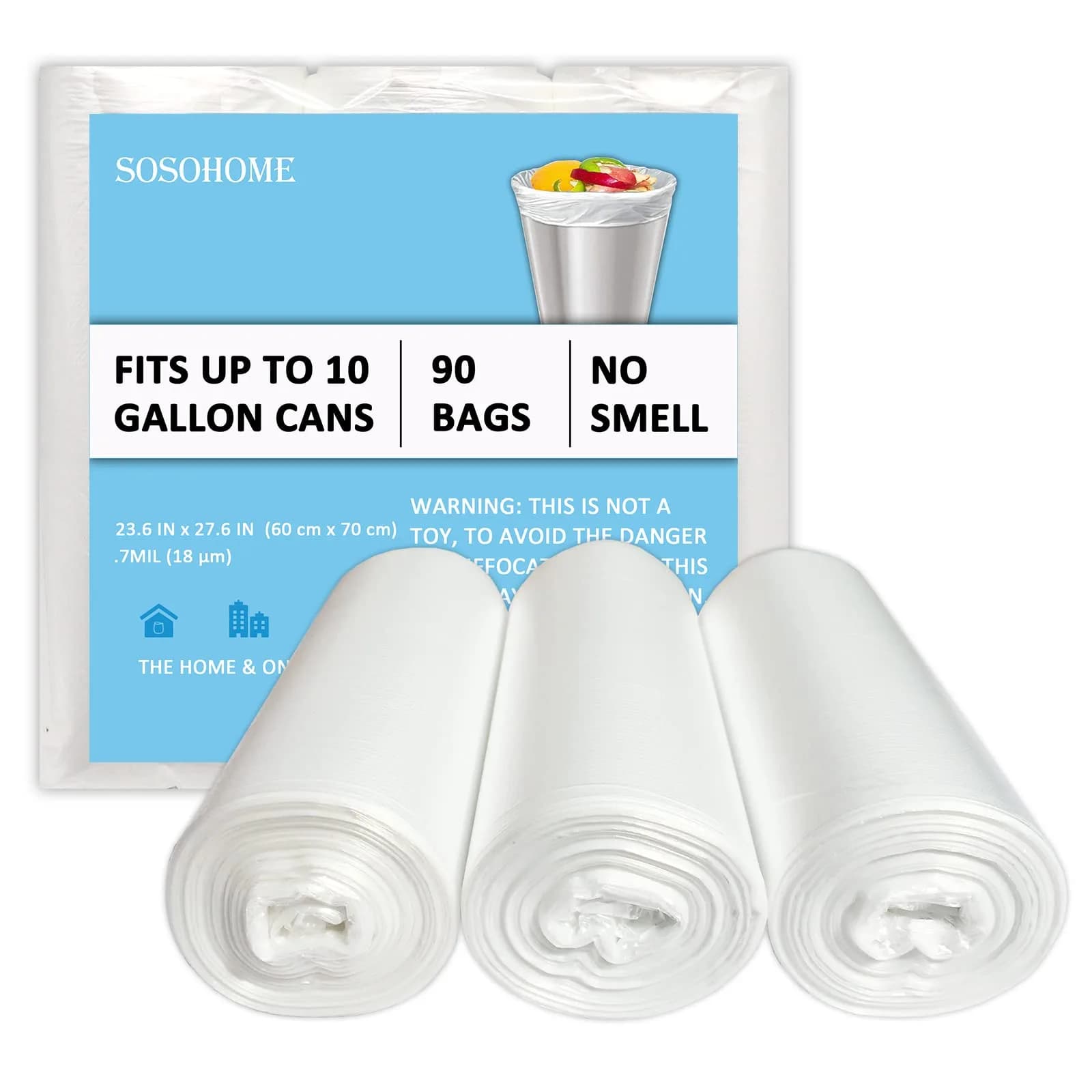 SOSOHOME Clear 10 Gallon Trash Bags | 90 Count, 18 Micron Thick, Fit 8-10 Gallon Bins - main product image
