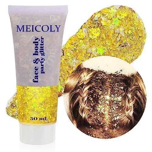 MEICOLY Green Chunky Glitter Gel 50ml (1.7 Fl Oz) | Self-Adhesive Face Body Hair Glitter for Festivals