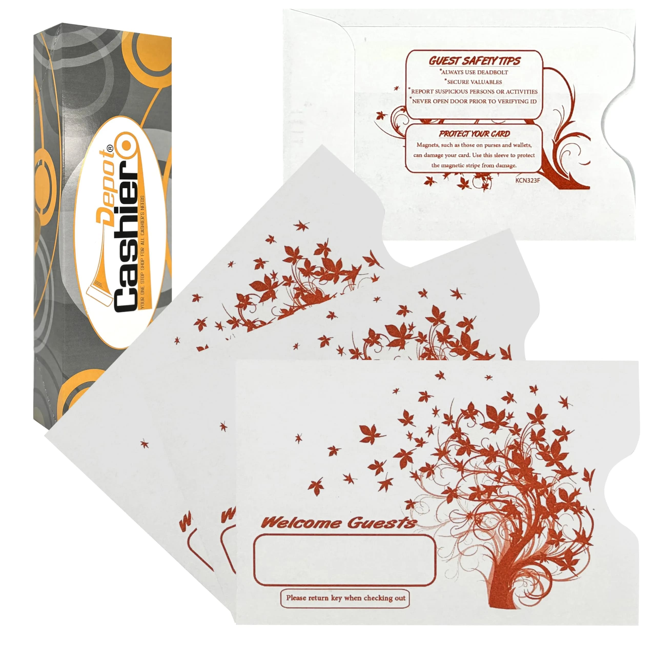 Cashier Depot Hotel Key Card Sleeves | White 24lb Paper, 2 3/8 x 3 1/2 Inches, Welcome Guest Message in Orange (2500 Count)