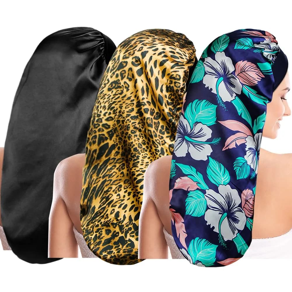 Oumrote Long Satin Sleep Bonnet for Hair Care, Women's Curly Hair, 26 inches (Pack of 3) - main product image