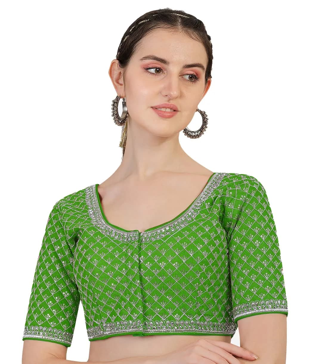 Pujia Mills Women's Ready Made Blouse with Heavy Silver Jari Thread for Saree Lehenga, Light Green, 38 | Heavy Ghost Silk, Padded