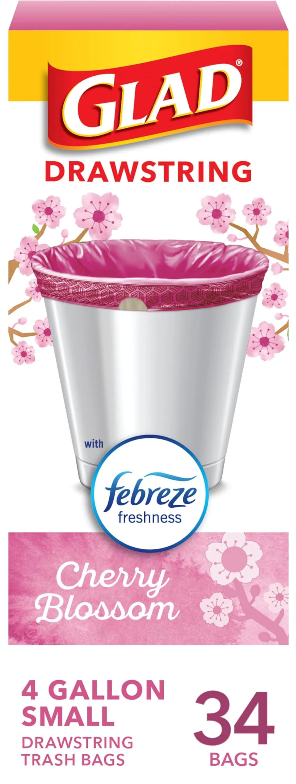 Glad Small Trash Bags 4 Gallon, Febreze Cherry Blossom Scented Drawstring Bags | Odor Resistant with Drawstring - main product image