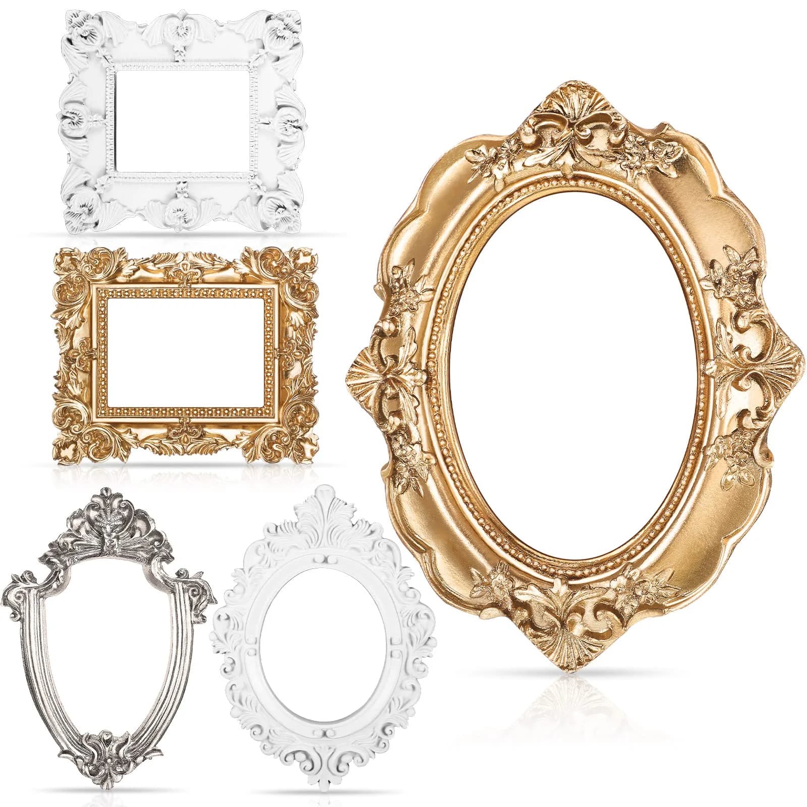Yalikop Vintage Ornate Resin Picture Frames Set of 5 | 12.5cm x 10.16cm (4.92 x 4 in) Gold White Silver - main product image