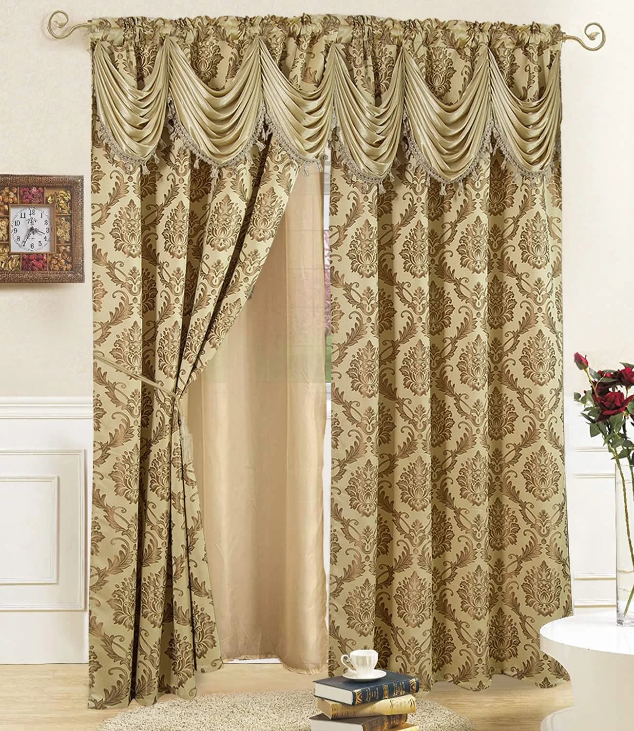 DreamField Linen Curtain Window Panel Taupe 137cm (54" W) x 213cm (84" L) | Light-Filtering Damask Pattern - main product image