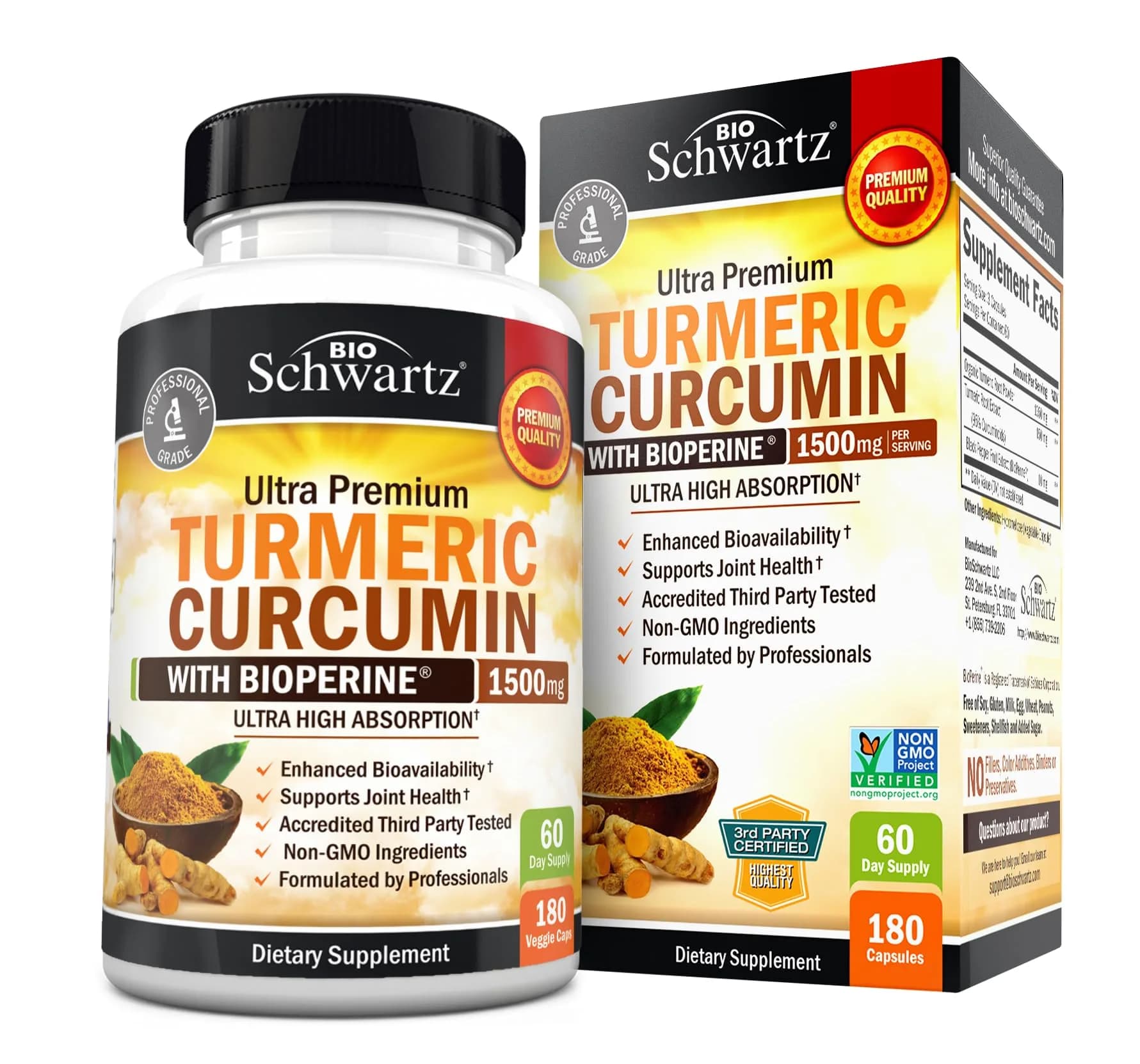 BioSchwartz Turmeric Curcumin with Black Pepper Extract 1500mg | High Absorption Ultra Potent Turmeric Supplement Capsules for Joint Support (180 Count) - main product image