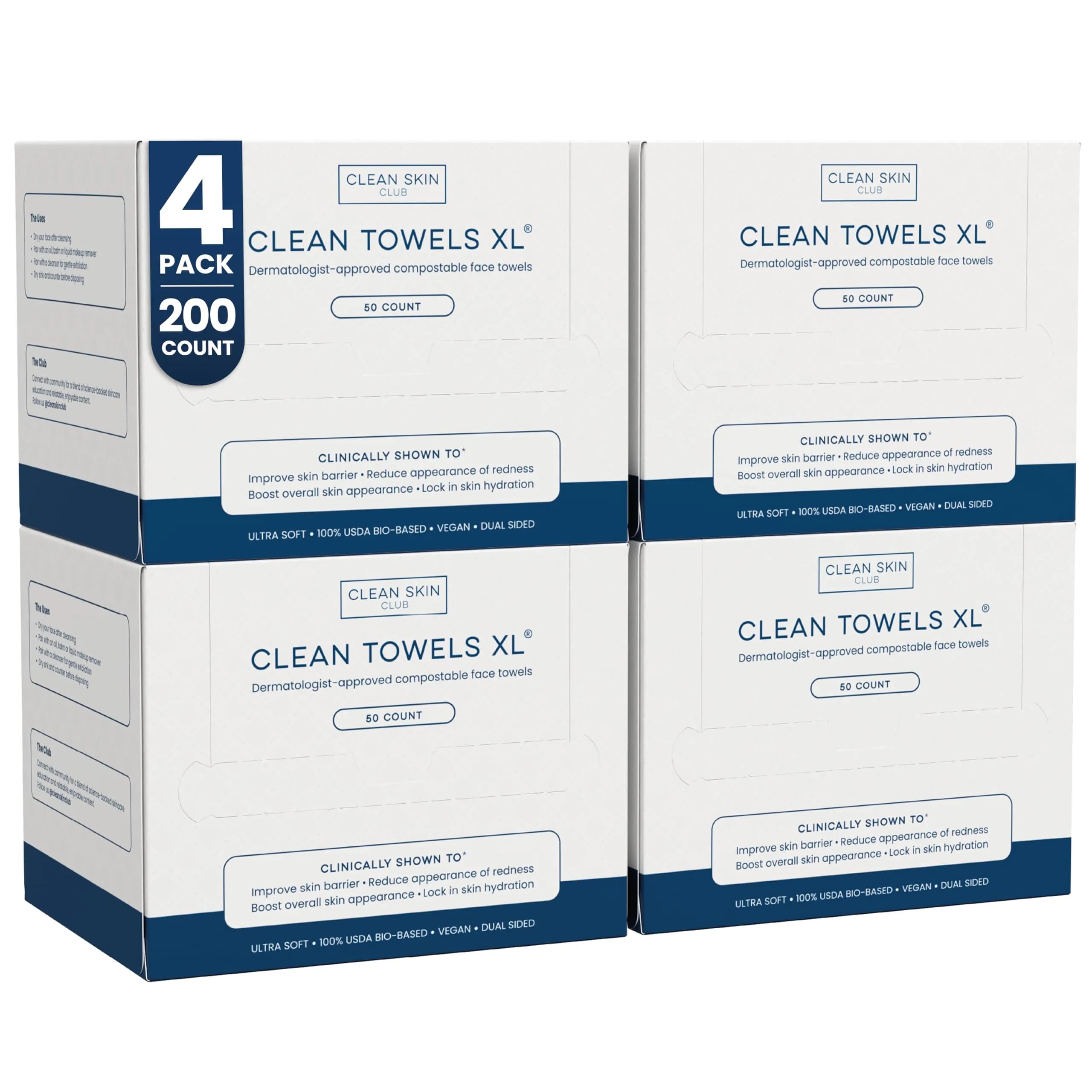 Clean Skin Club Clean Towels XL® Disposable Face Towelettes, 200 Count Value Pack | USDA Biobased Eczema Association Accepted - main product image