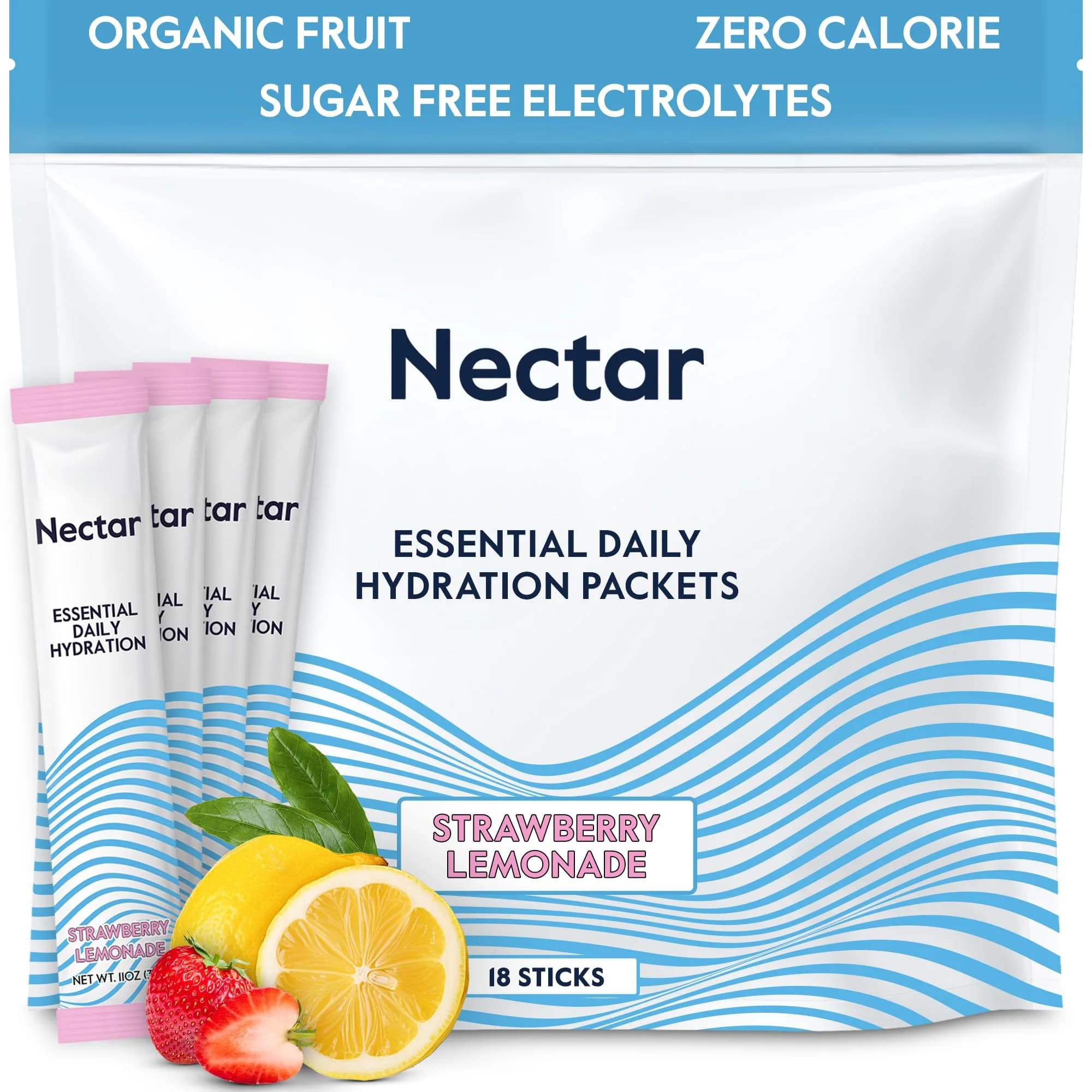Nectar Organic Hydration Packets Strawberry Lemonade Flavor | Zero Sugar Electrolyte Drink Mix (18 Pack) - main product image