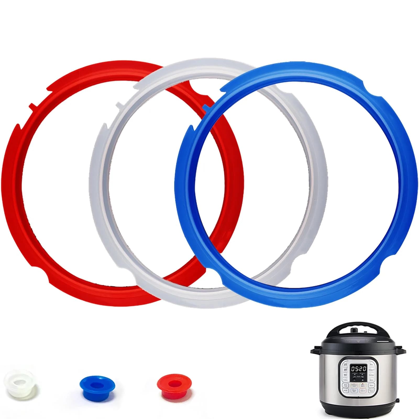 Fuator 3Qt Instant Pot Sealing Ring & Float Valve Caps | 3 Pack Clear, Red, Blue - main product image