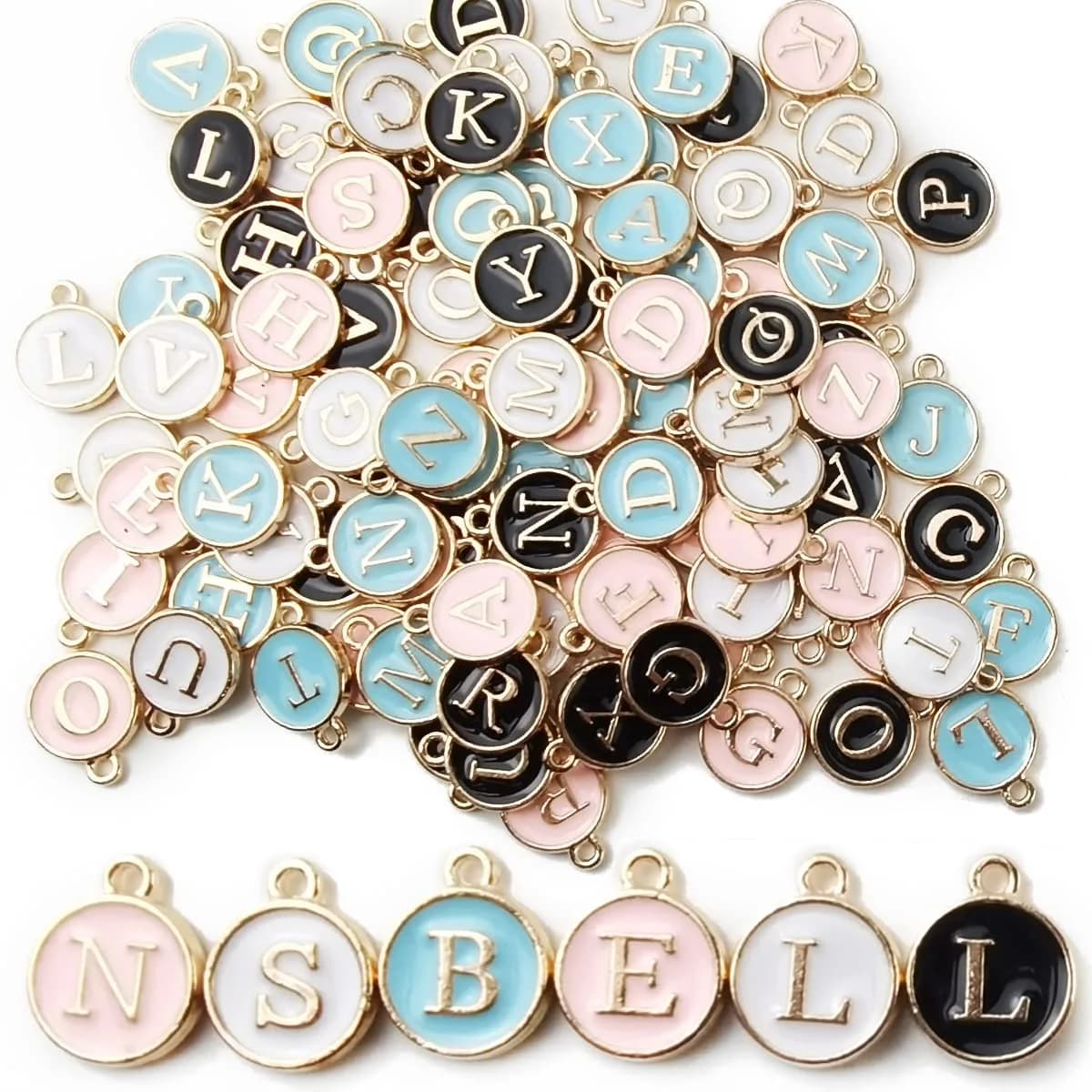 NSBELL 104PCS Letter Charms for Jewelry Making - Double Sided Alphabet Charms 0.5 inch (1.27 cm) Diameter - main product image