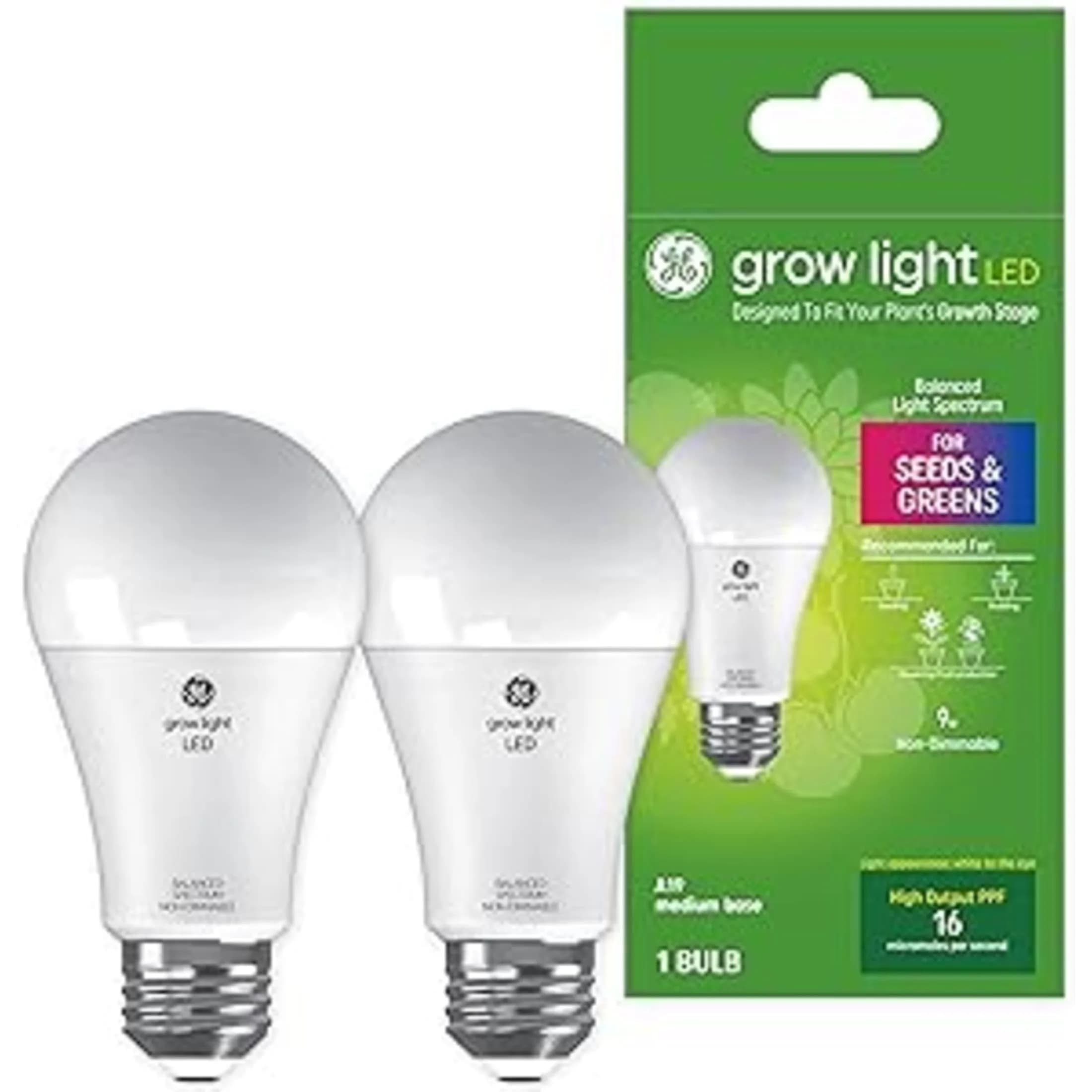 GE Grow LED Light Bulb for Plants Seeds and Greens | Balanced Spectrum, A19 (2 Pack) | Indoor Plant Growth