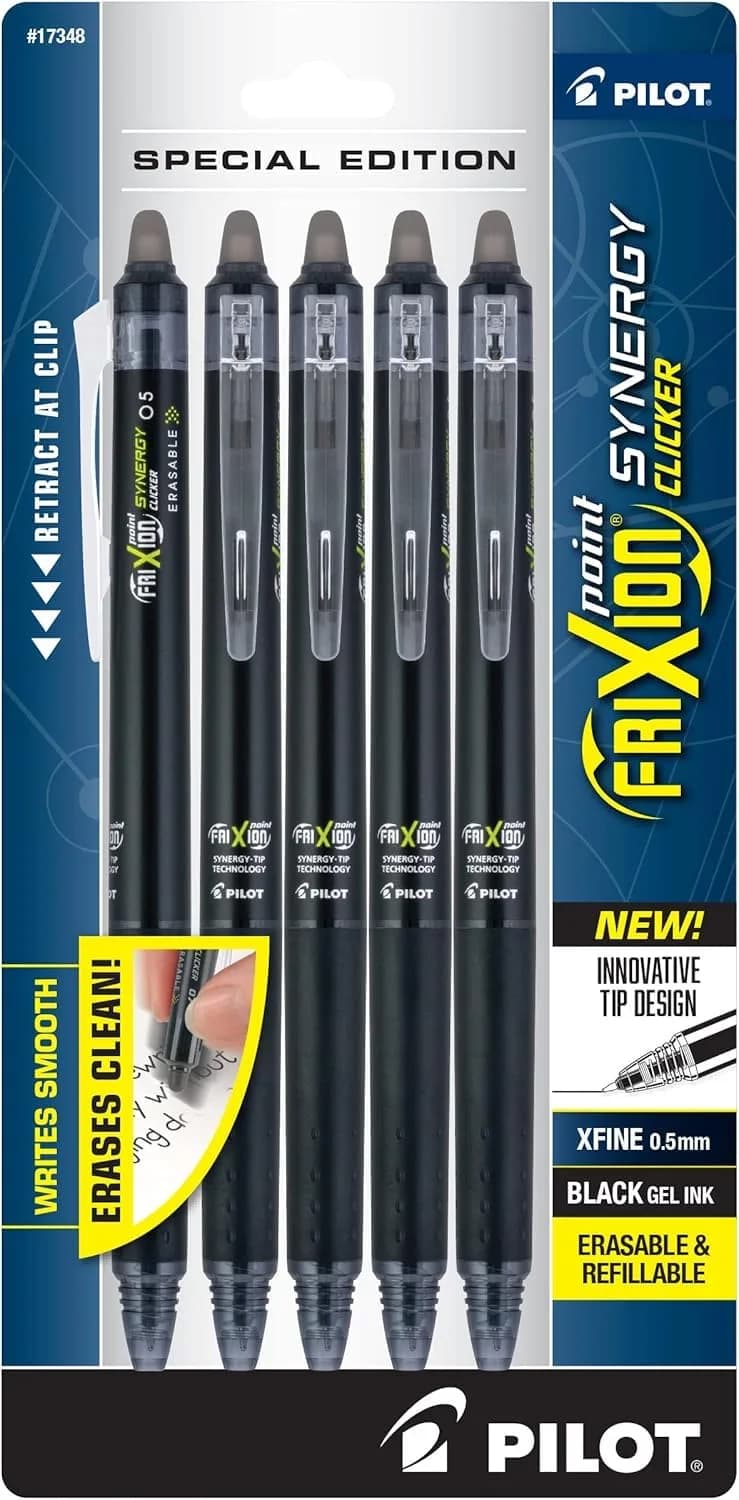 PILOT FriXion Synergy Clicker Erasable Gel Pens, Pack of 5, Black Ink, 0.5mm Fine Point | Smooth Writing & Rewriting - main product image