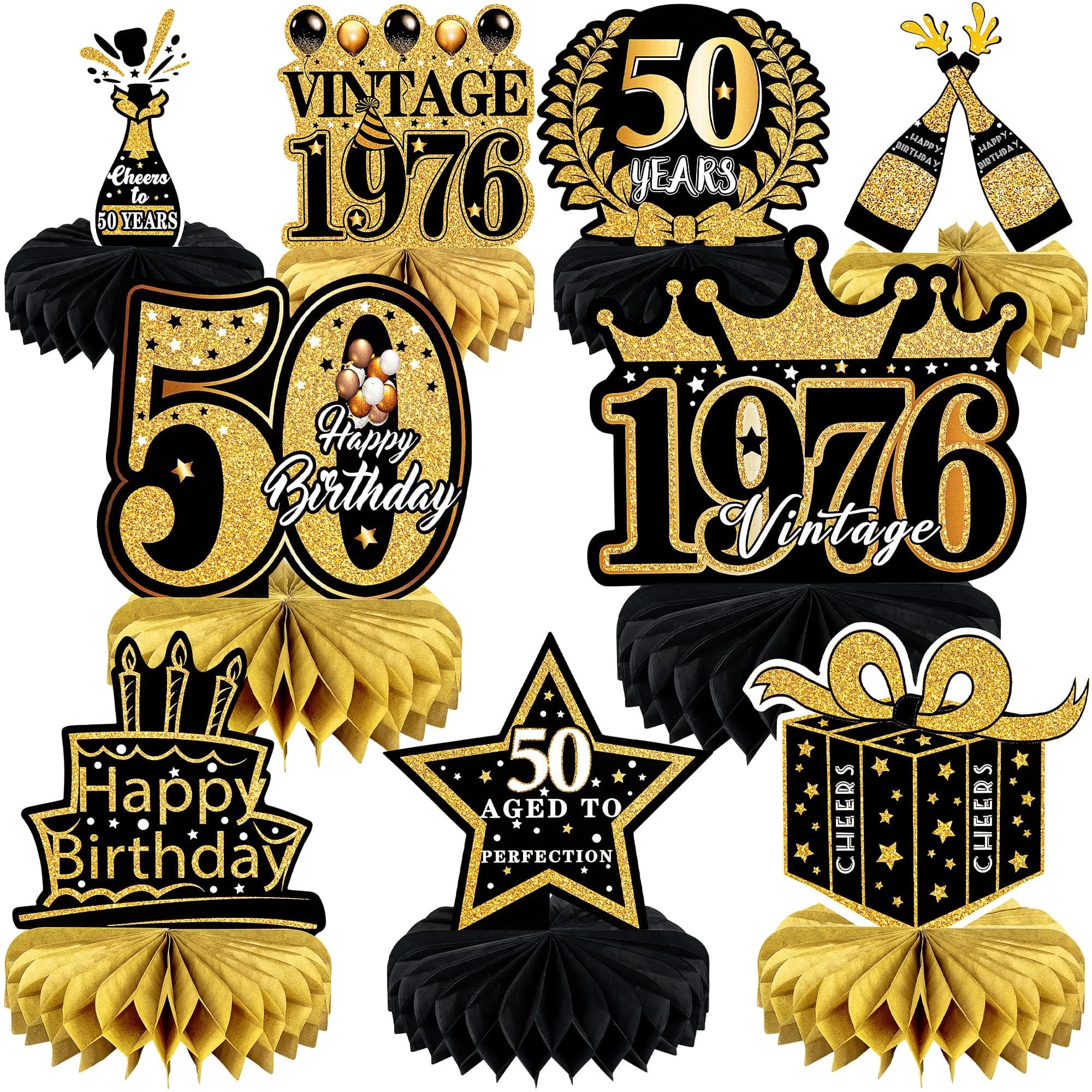 MDCGFOD 50th Birthday Decoration Pack | Black & Gold Table Honeycombs & Cardboard