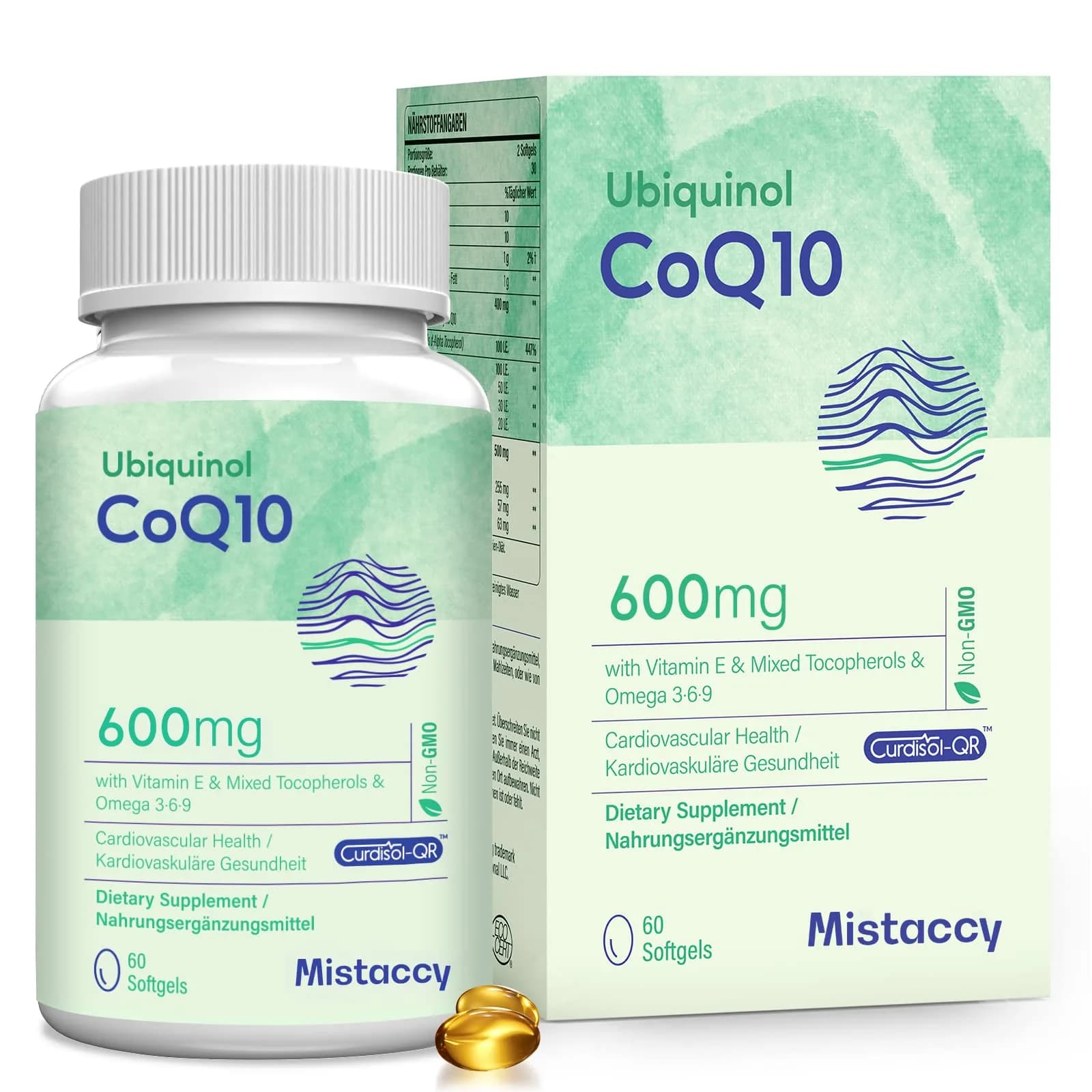 Mistaccy CoQ10 600mg Softgels | High Absorption Ubiquinol Supplement | Reduced Form with Vitamin E & Omega 3 (60 Softgels)