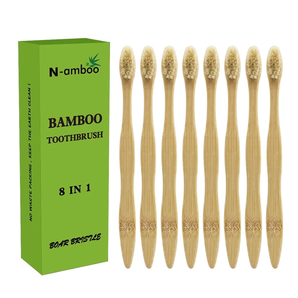 N-amboo Bamboo Toothbrush with Boar Bristles, Pack of 8 | Biodegradable & Natural - main product image