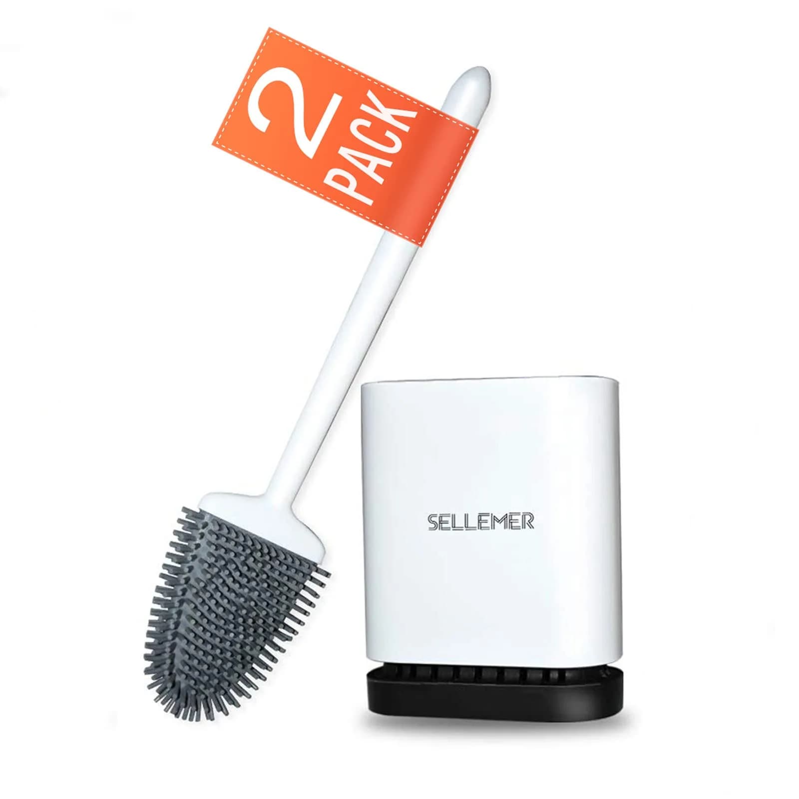 Sellemer Silicone Toilet Brush with Ventilation Holder, 2 Pack Pearl White | Cleans Under Rim, Dries Faster