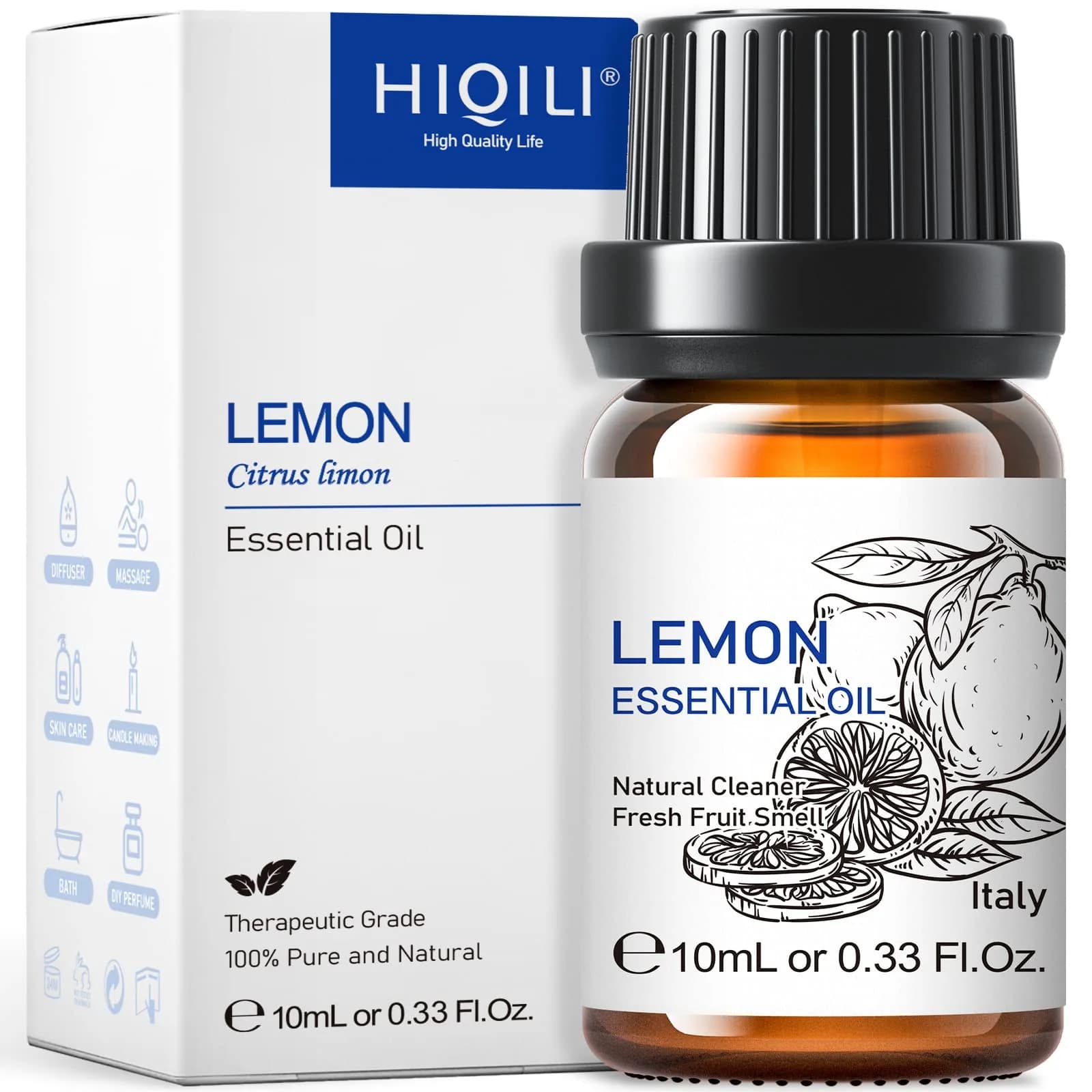 HIQILI Lemon Essential Oil, 10ML (0.33 Fl Oz) | Pure Cold-Pressed Italian Lemon Scent for Cleaning & Aromatherapy - main product image