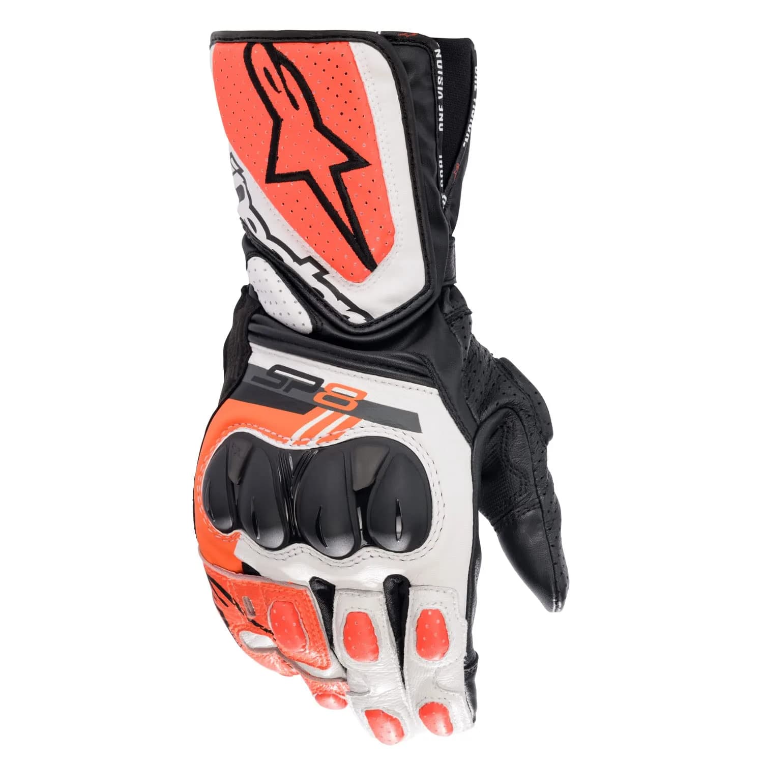 Alpinestars SP-8 V3 Full Gauntlet Leather Motorcycle Gloves (Medium, Black/White/Red Fluo) | CE-Certified Knuckle Protection - main product image