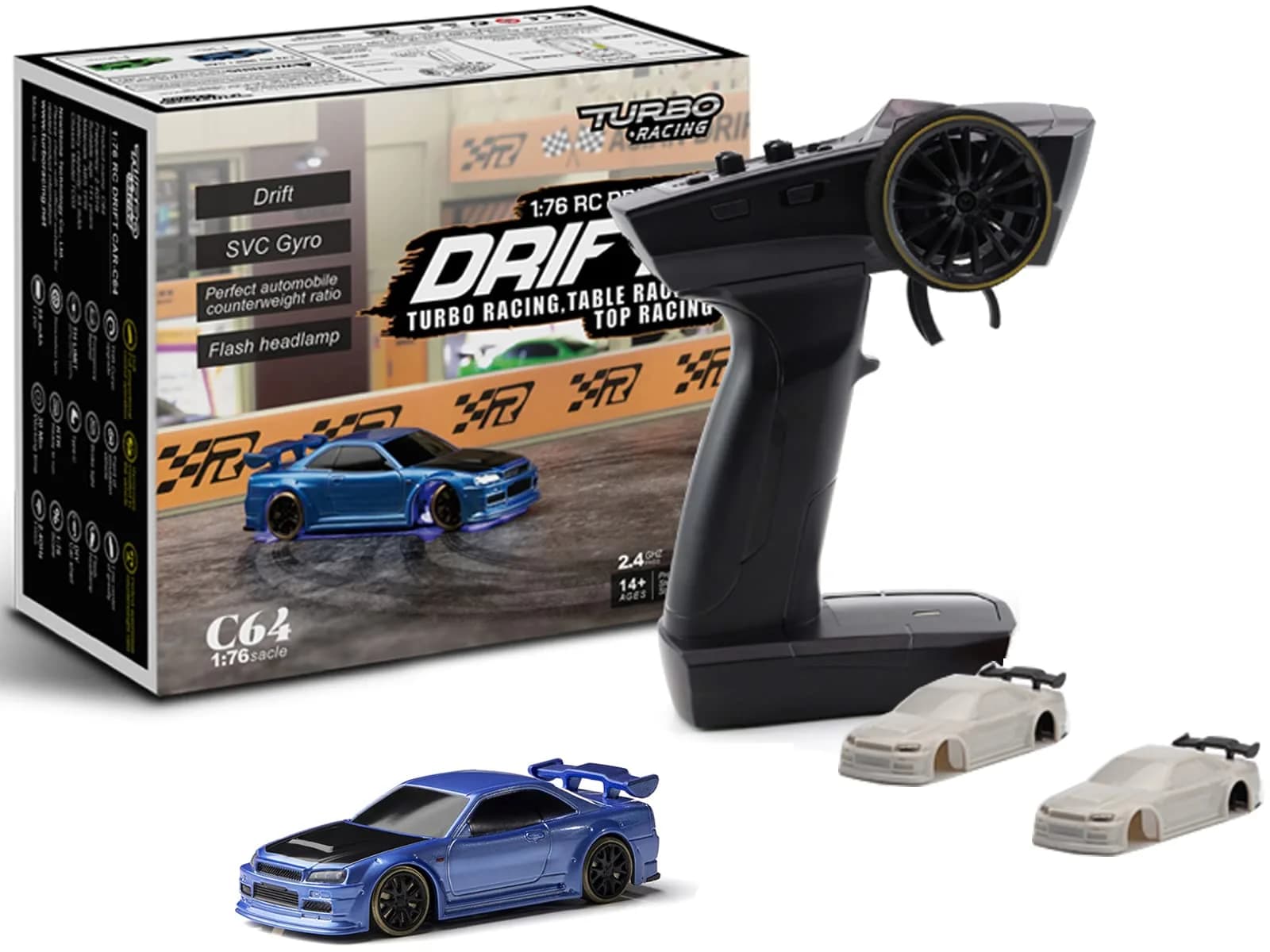 FLYCOLOR C64 Drift RC Car 1:76 Scale | Proportional Steering, 30 Min Play, Blue - main product image