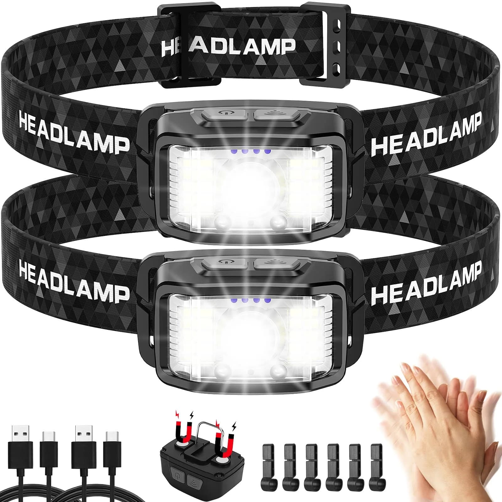 KIDECCE Headlamp Rechargeable 2000 Lumens | 16 Modes, IPX6 Waterproof, Lightweight, 2 Pack
