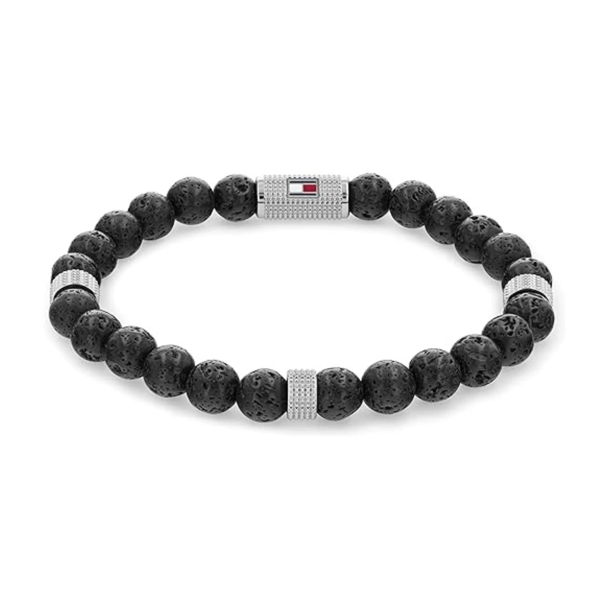 Tommy Hilfiger Men's Jewelry Stainless Steel Black Lava Bead Bracelet | Beaded Style with Stretch Closure