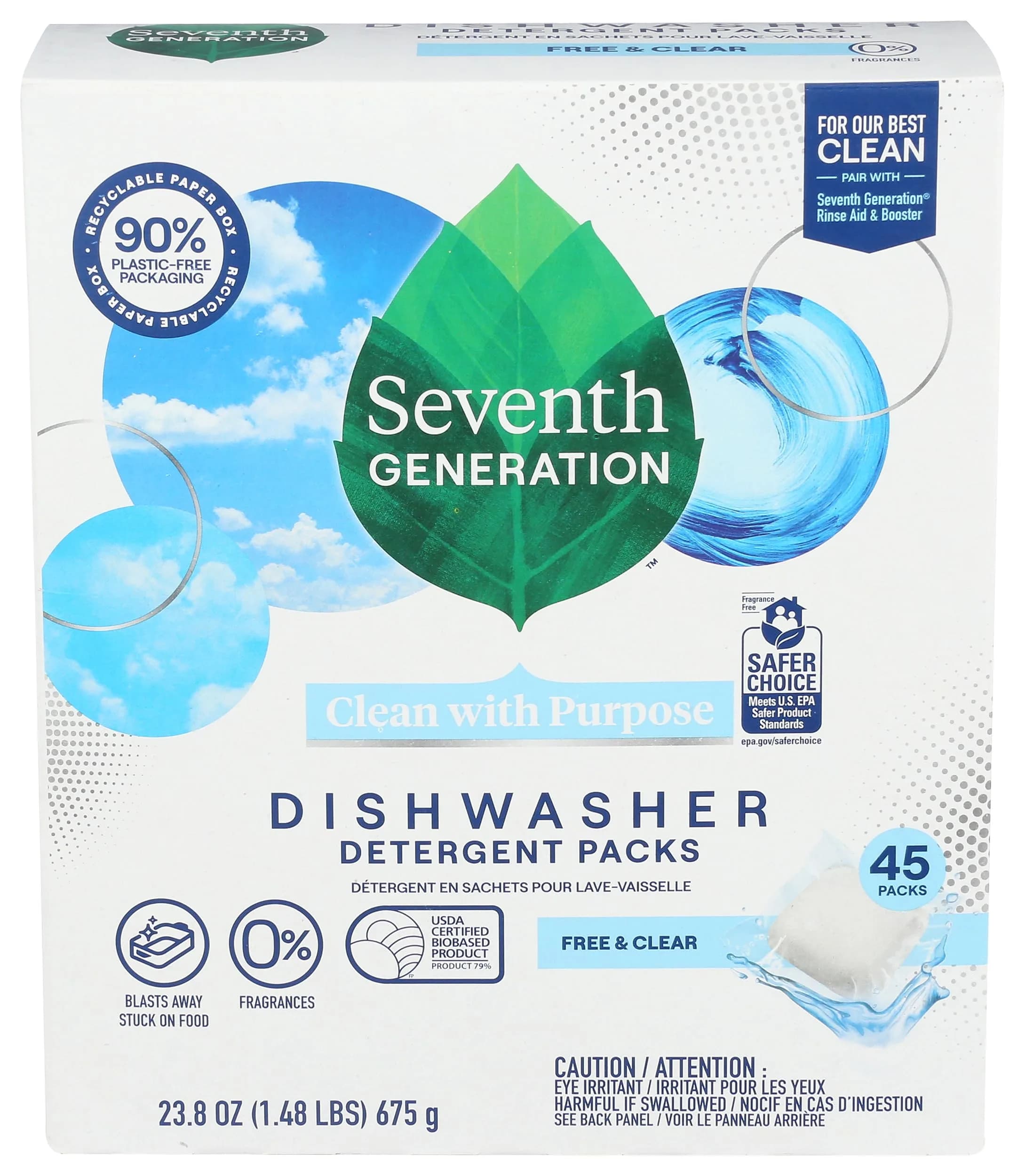 Seventh Generation Free & Clear Dishwasher Detergent Packs, 45 Count | Plant-Based Formula for Sparkling Dishes - main product image