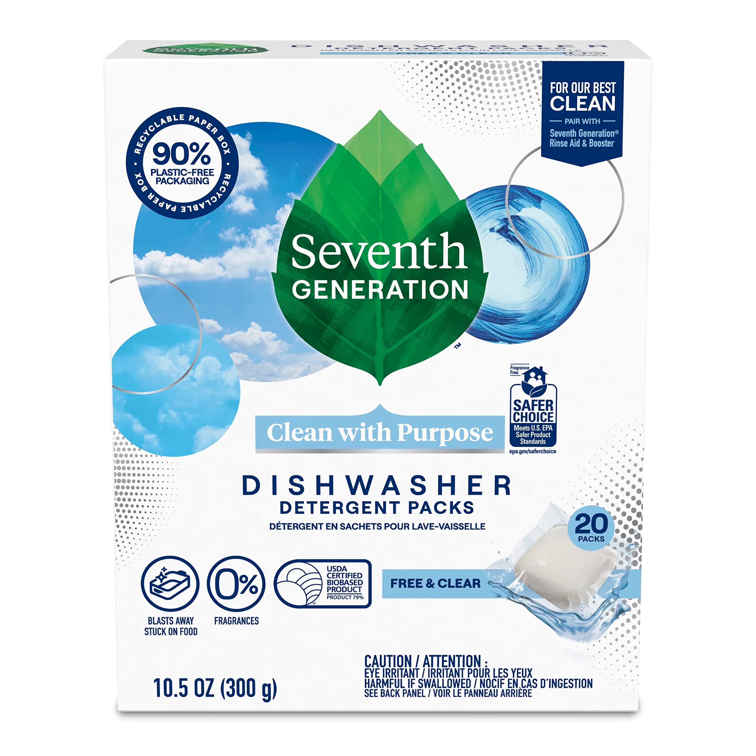 Seventh Generation Free & Clear Dishwasher Detergent Packs 20 Count | USA Imported Unscented Formula - main product image