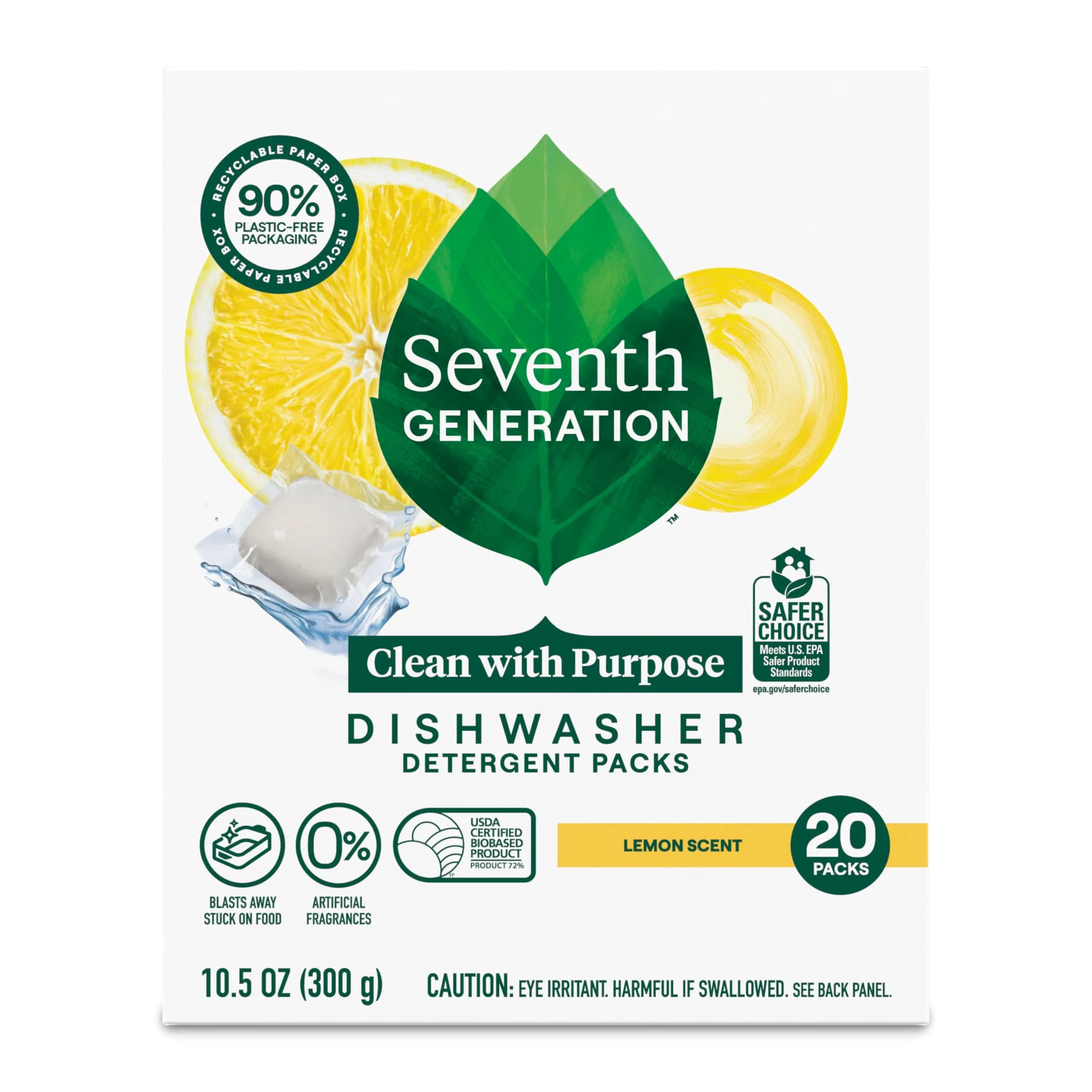Seventh Generation Dishwasher Detergent Pods Lemon Scent, 20 Pods | Enzyme-Rich Formula for Tough Grease - main product image