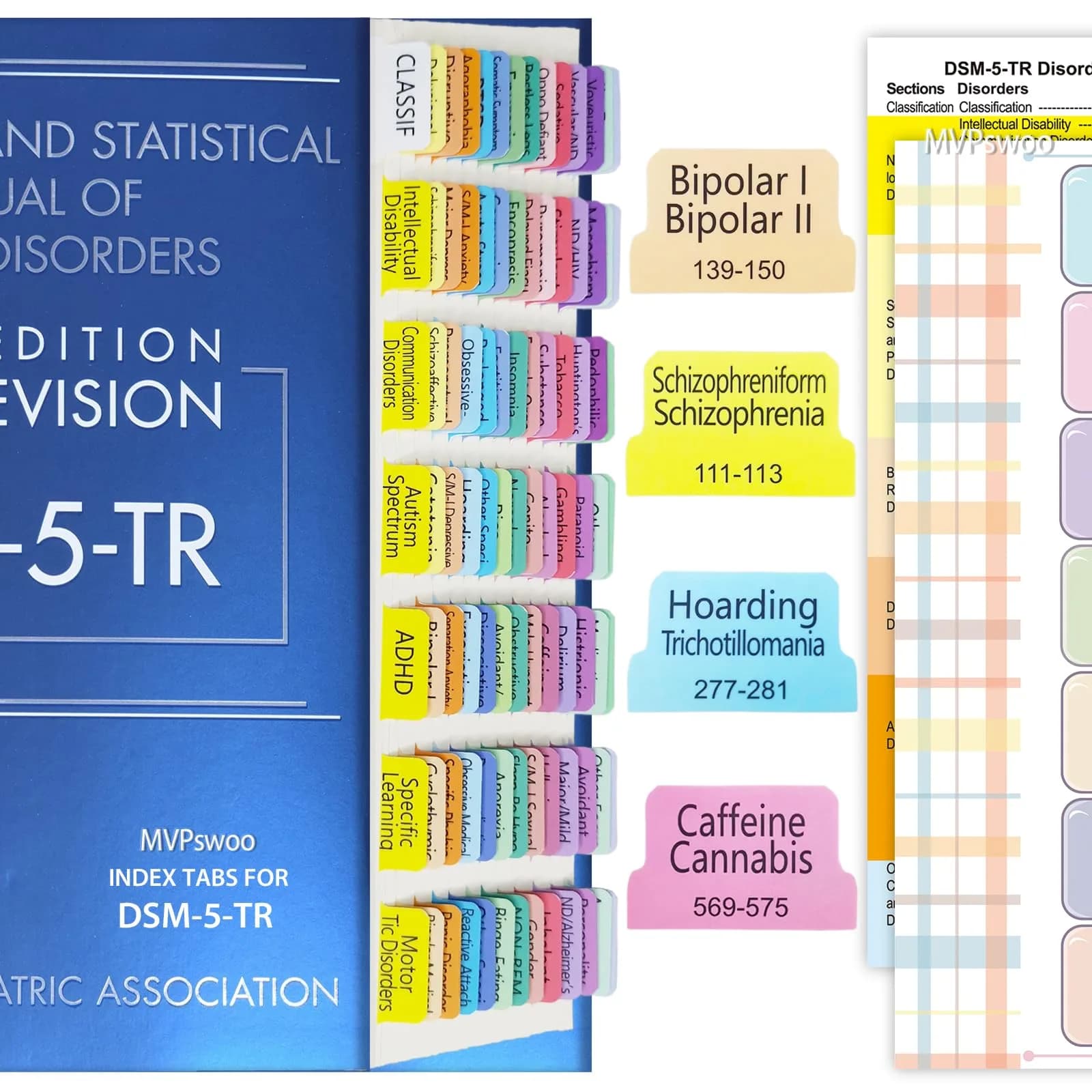 MVPswoo DSM-5-TR Index Tabs | Laminated, Page Numbers, 100 Tabs, Alignment Guide (110 characters) - main product image