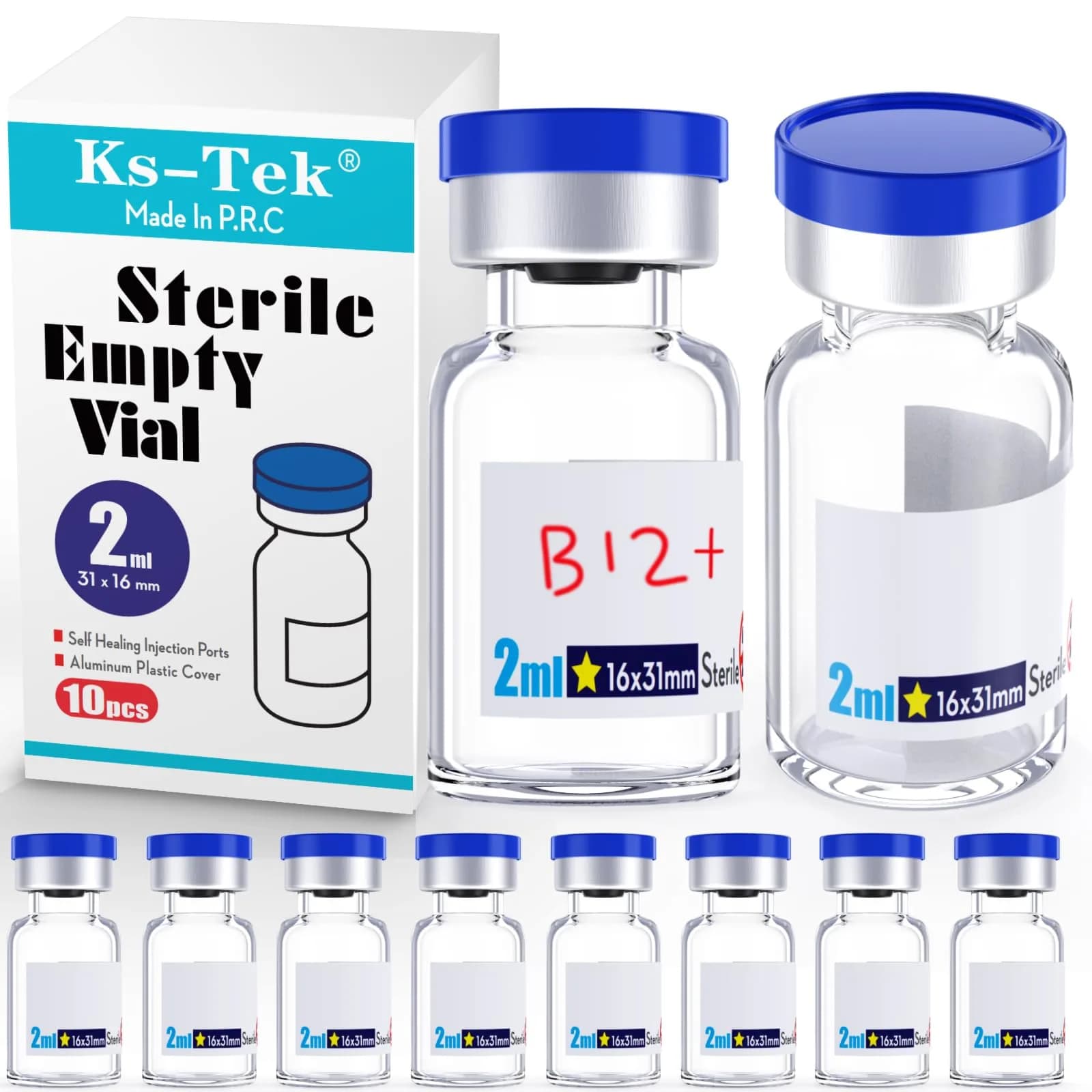 KSIITEKSLAB Sterile 2ml Sample Vials with Aluminum Cap | Self-Healing Glass Labware for Scientific Use - main product image
