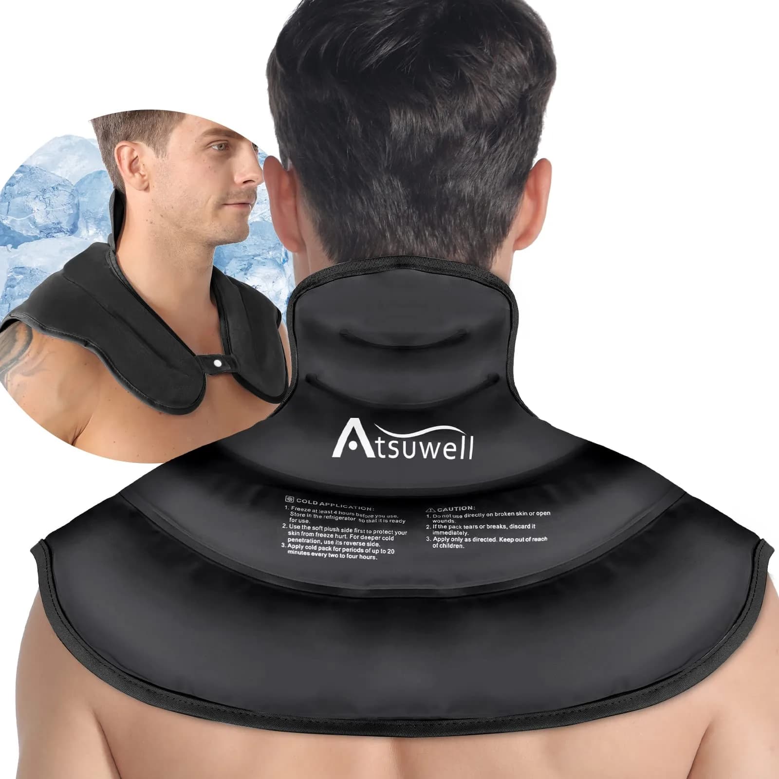 Atsuwell Neck Ice Pack Wrap for Neck & Shoulder Pain Relief | Reusable Gel Cold Compress for Upper Back, Black