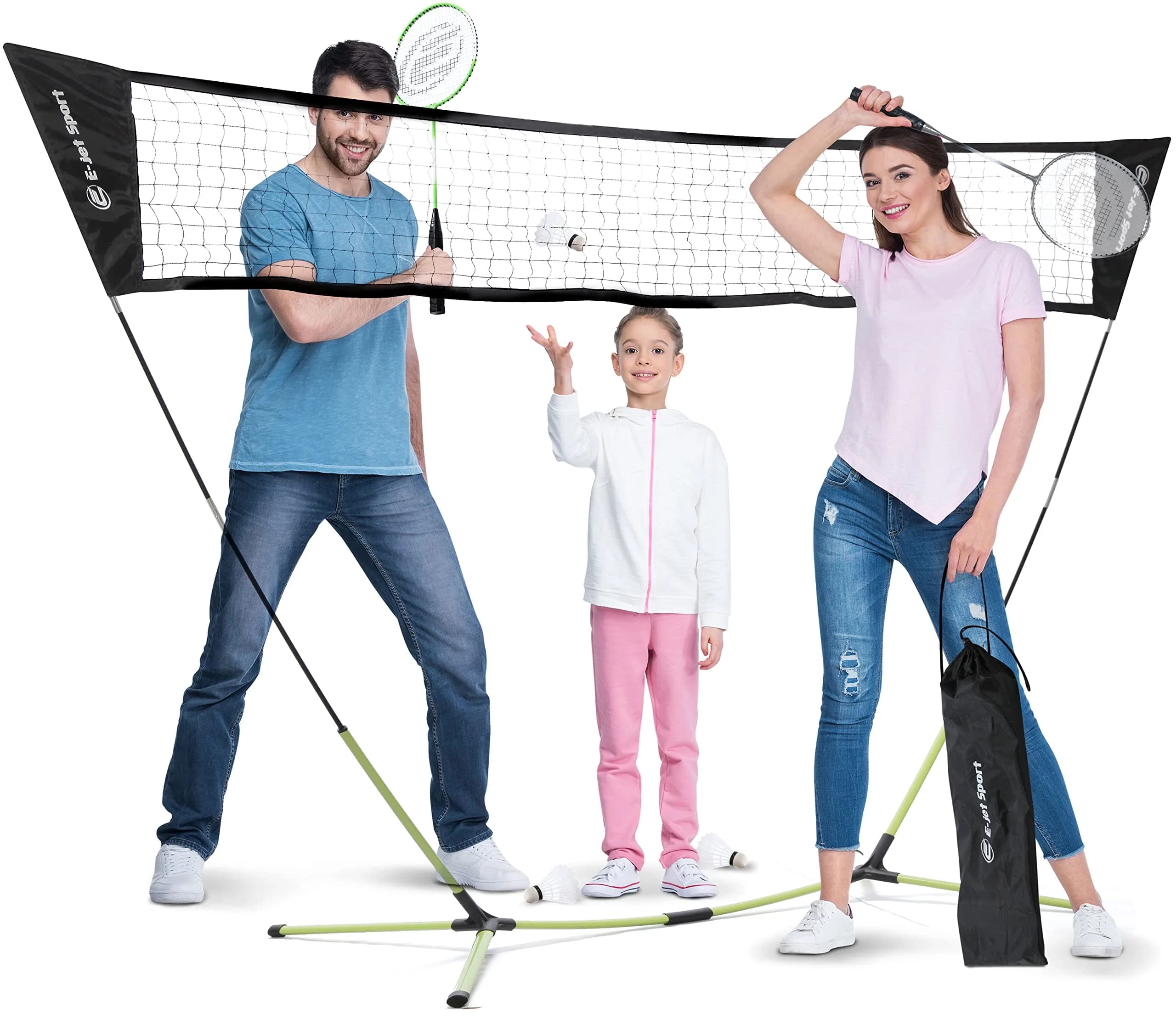 E-Jet Badminton Net Rackets Shuttlecocks Combo Set - Portable 1.55m (5.1Ft) x 2.4m (7.8Ft) | Instant Setup Backyard Fun - main product image