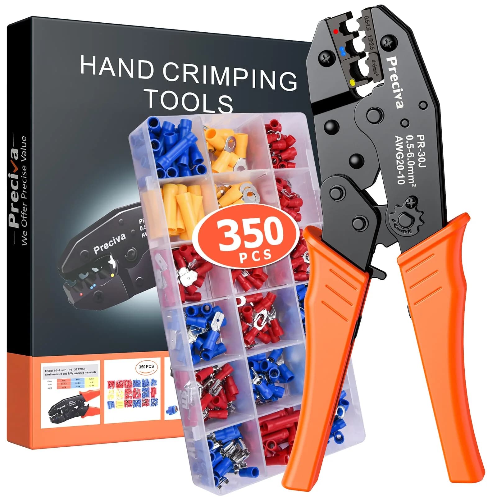 Preciva Ratcheting Wire Terminal Crimping Tool Kit AWG20-10 (0.5-6mm²) with 350PCS Insulated Connectors | Crimps Electrical Connections Reliably - main product image
