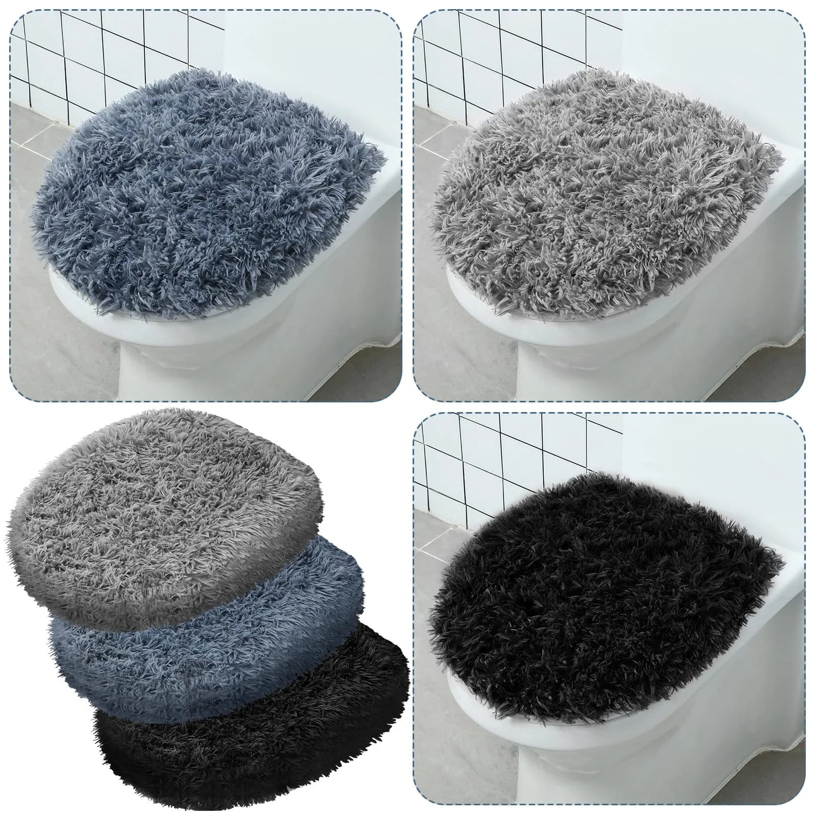 Kingdder Toilet Lid Cover Set 3 Pcs Plush Fluffy Fits Standard Lids | Soft & Washable