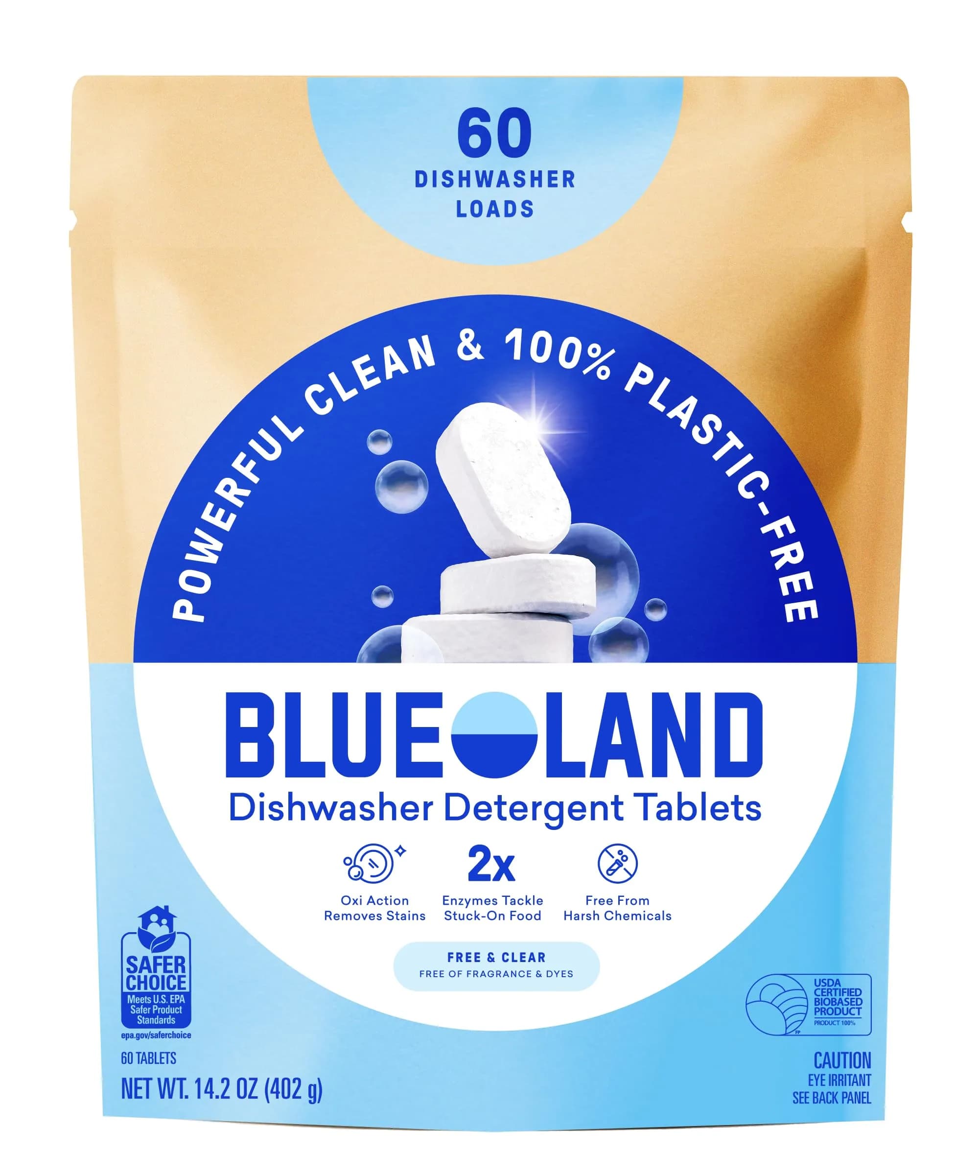 BLUELAND 100% Plastic-Free Dishwasher Detergent Tablets, 60 Count | Eco-Friendly & Effective Cleaning - main product image
