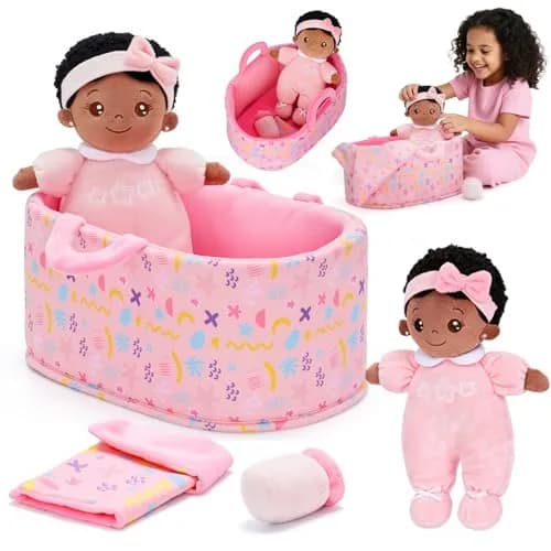 OUOZZZ 10" Black Baby Doll Accessories with Bassinet, Blanket and Bottle | Educational Pretend Play Toy - main product image