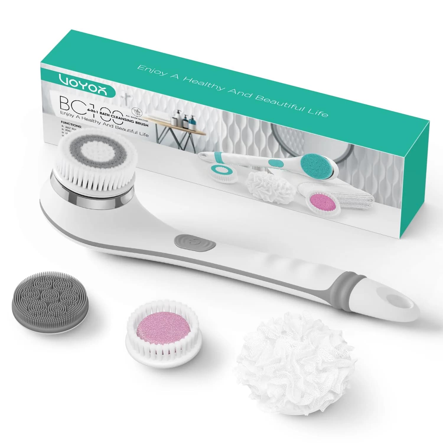 VOYOR BC100 Electric Body Brush with Long Handle | 4-in-1 Exfoliating Spin Brush for Shower - main product image