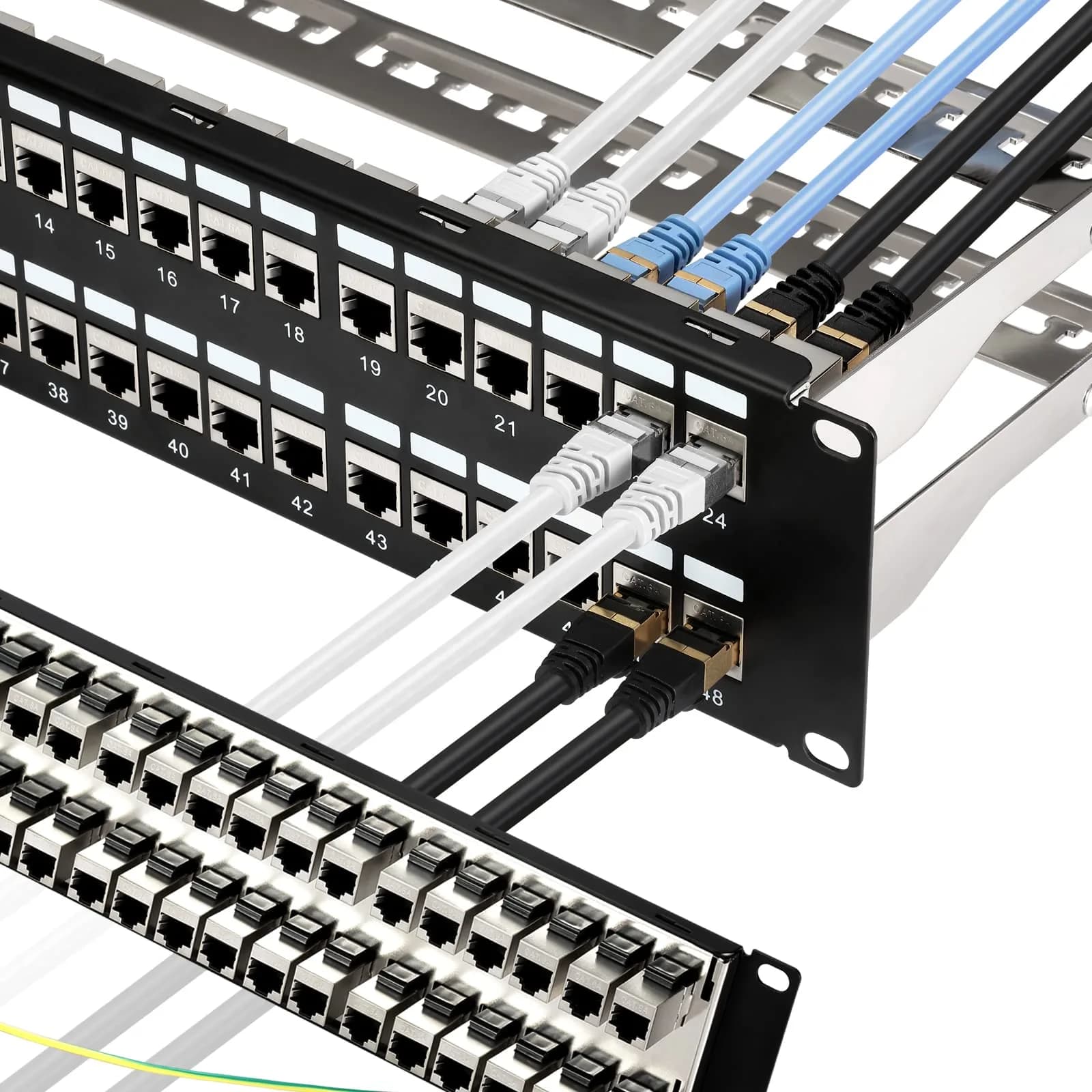 Rapink 48 Port Cat6A Shielded Patch Panel 19-Inch | 10Gbps STP Network Panel with Toolless Keystone Couplers - main product image
