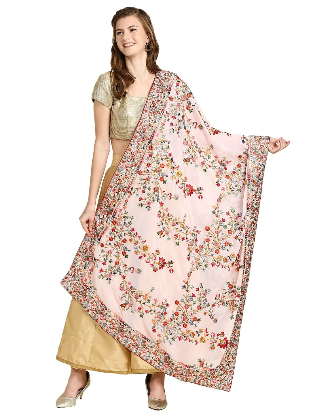 DUPATTA BAZAAR Women's Georgette Dupatta with Heavy Embroidery | Peach & Multi, 2.5m